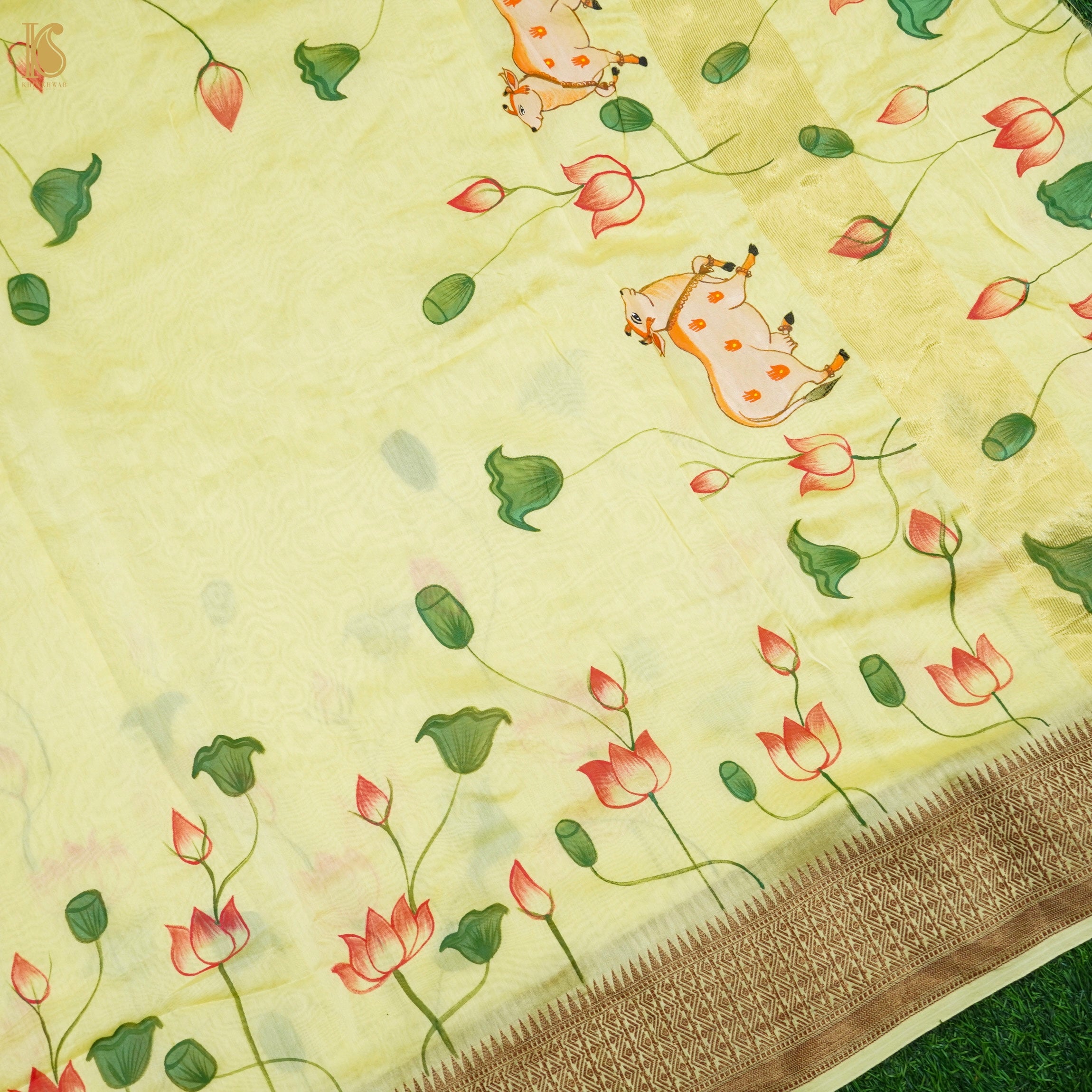 Goldenrod Yellow Pure Cotton Hand Painted Pichwai Banarasi Saree - Khinkhwab