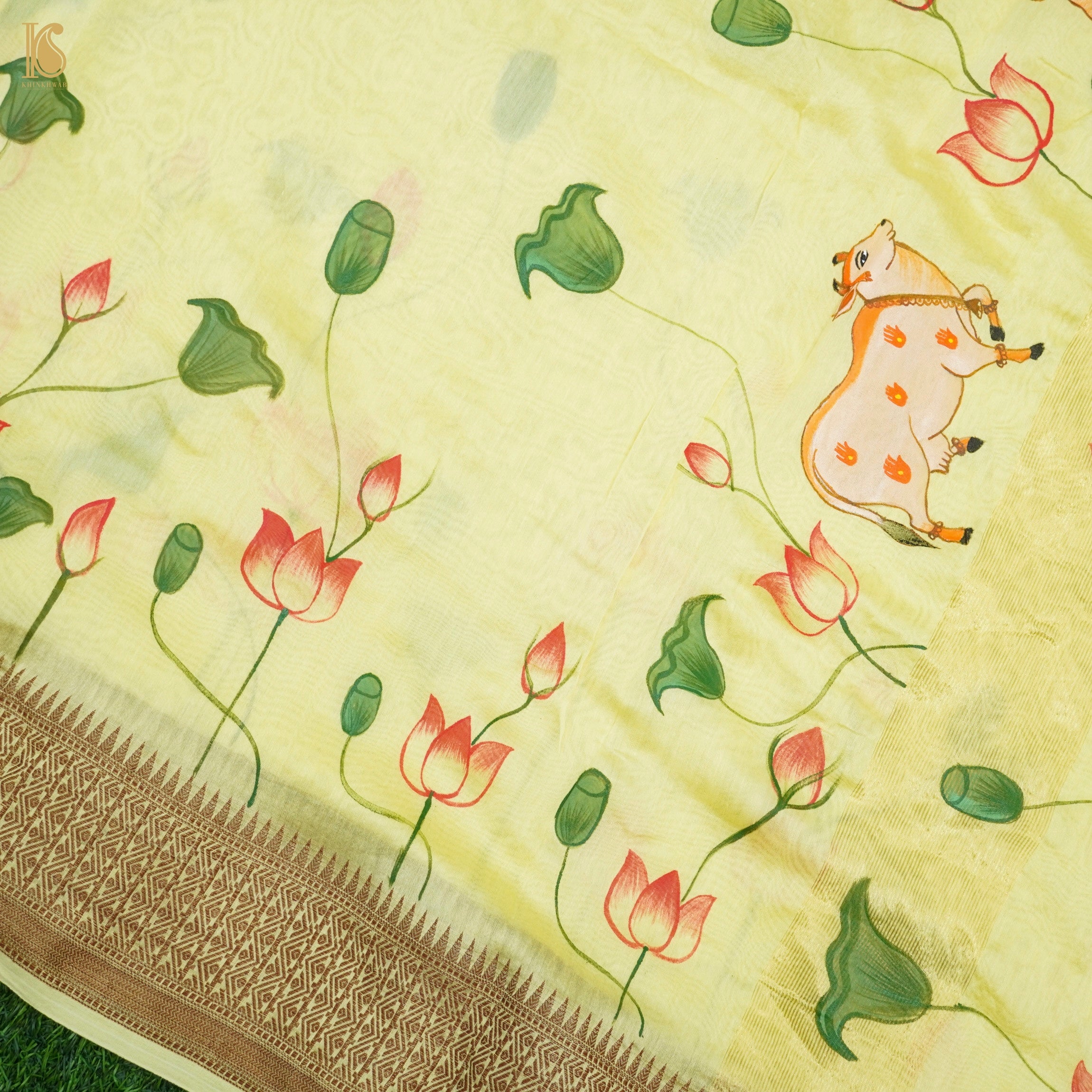 Goldenrod Yellow Pure Cotton Hand Painted Pichwai Banarasi Saree - Khinkhwab