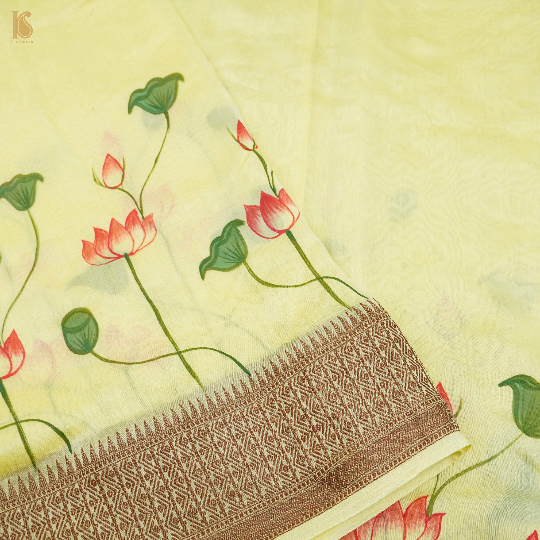 Goldenrod Yellow Pure Cotton Hand Painted Pichwai Banarasi Saree - Khinkhwab