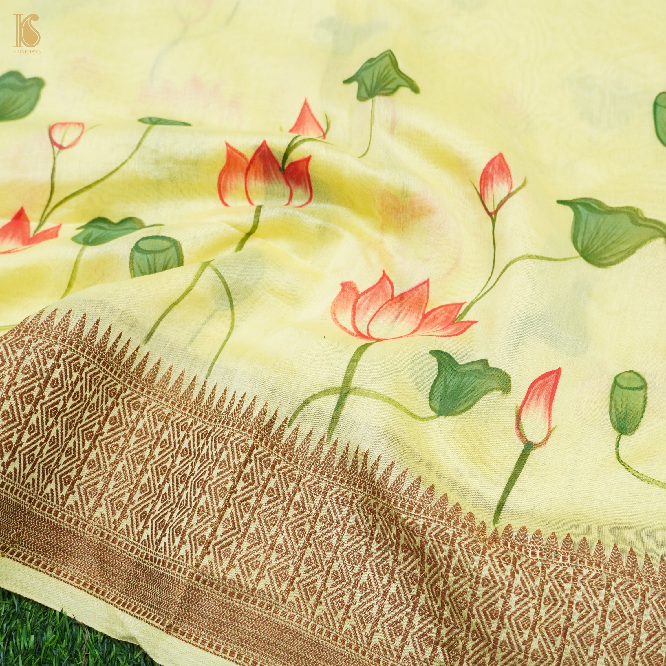 Goldenrod Yellow Pure Cotton Hand Painted Pichwai Banarasi Saree - Khinkhwab