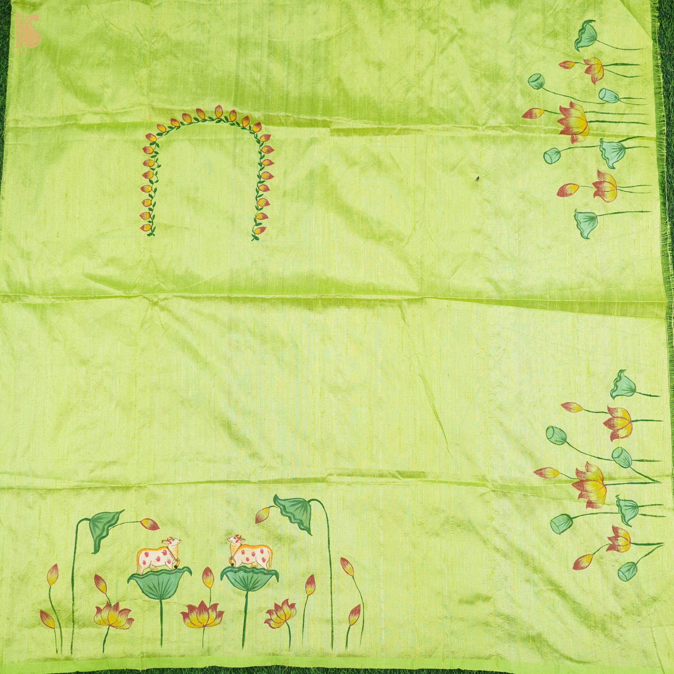 Goldenrod Yellow Pure Cotton Hand Painted Pichwai Banarasi Saree - Khinkhwab