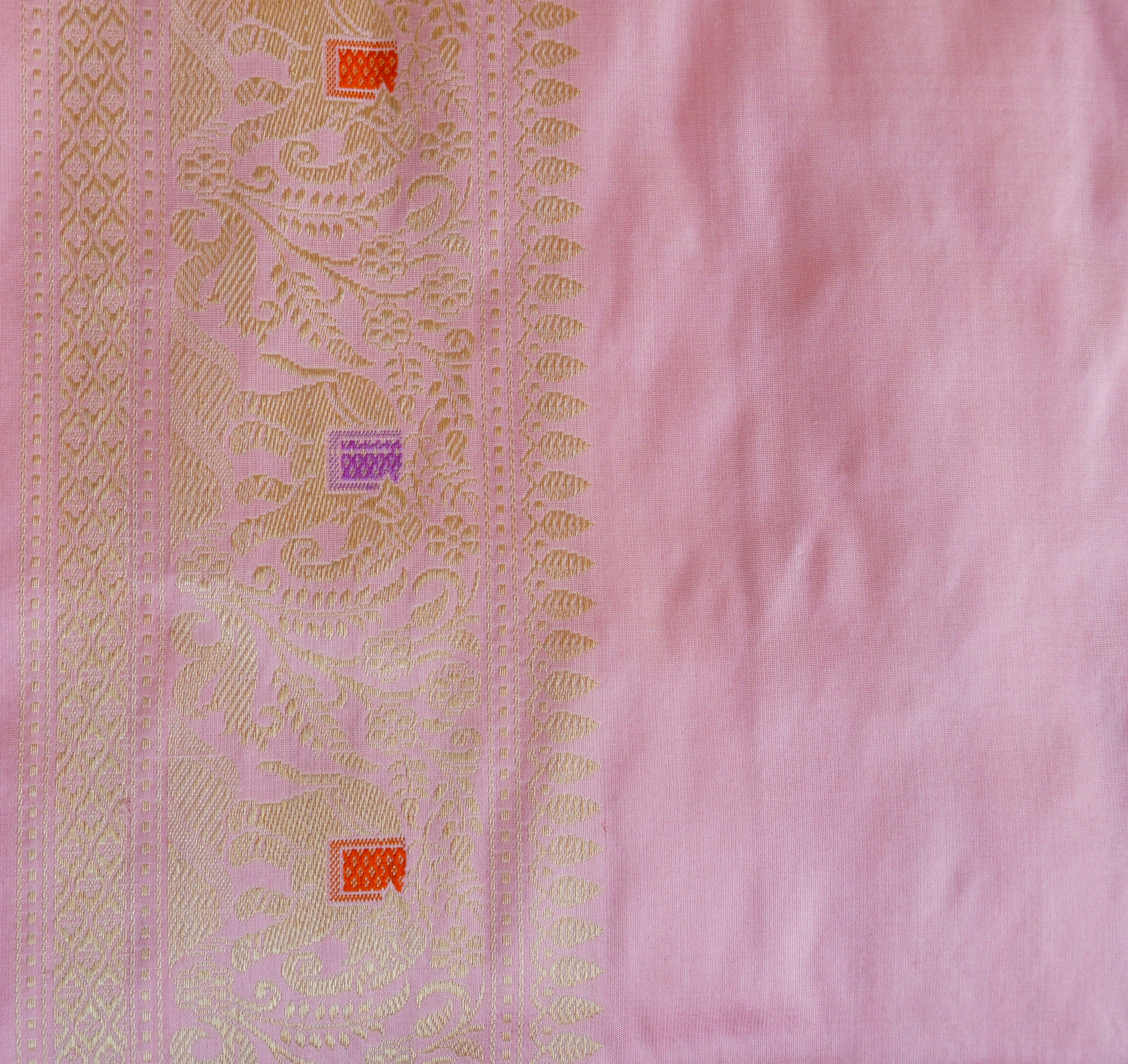 Cupid Pink Handloom Banarasi Pure Katan Silk Kadwa Shikargah Saree - Khinkhwab