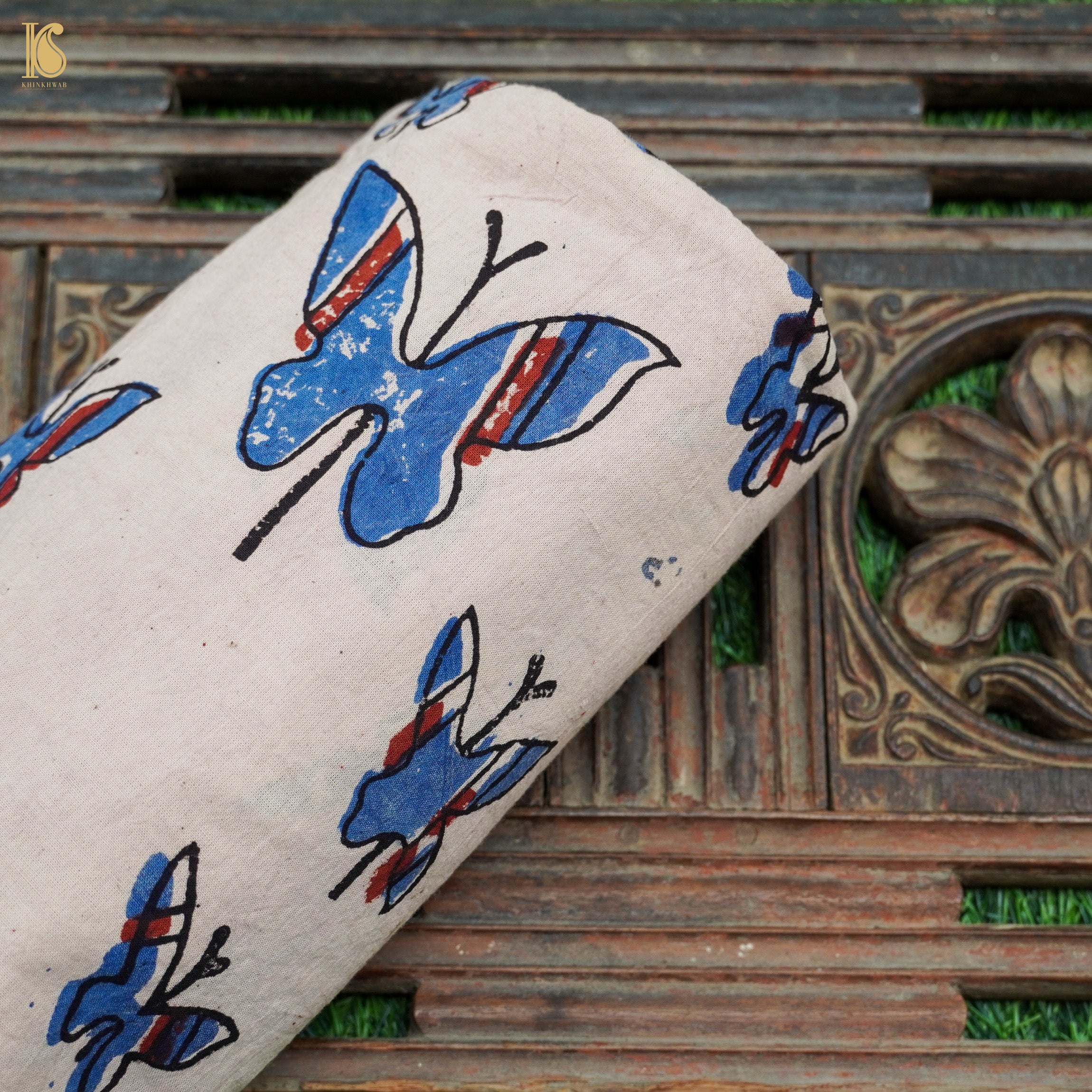 White Hand Block Ajrakh Cotton Butterfly Fabric - Khinkhwab