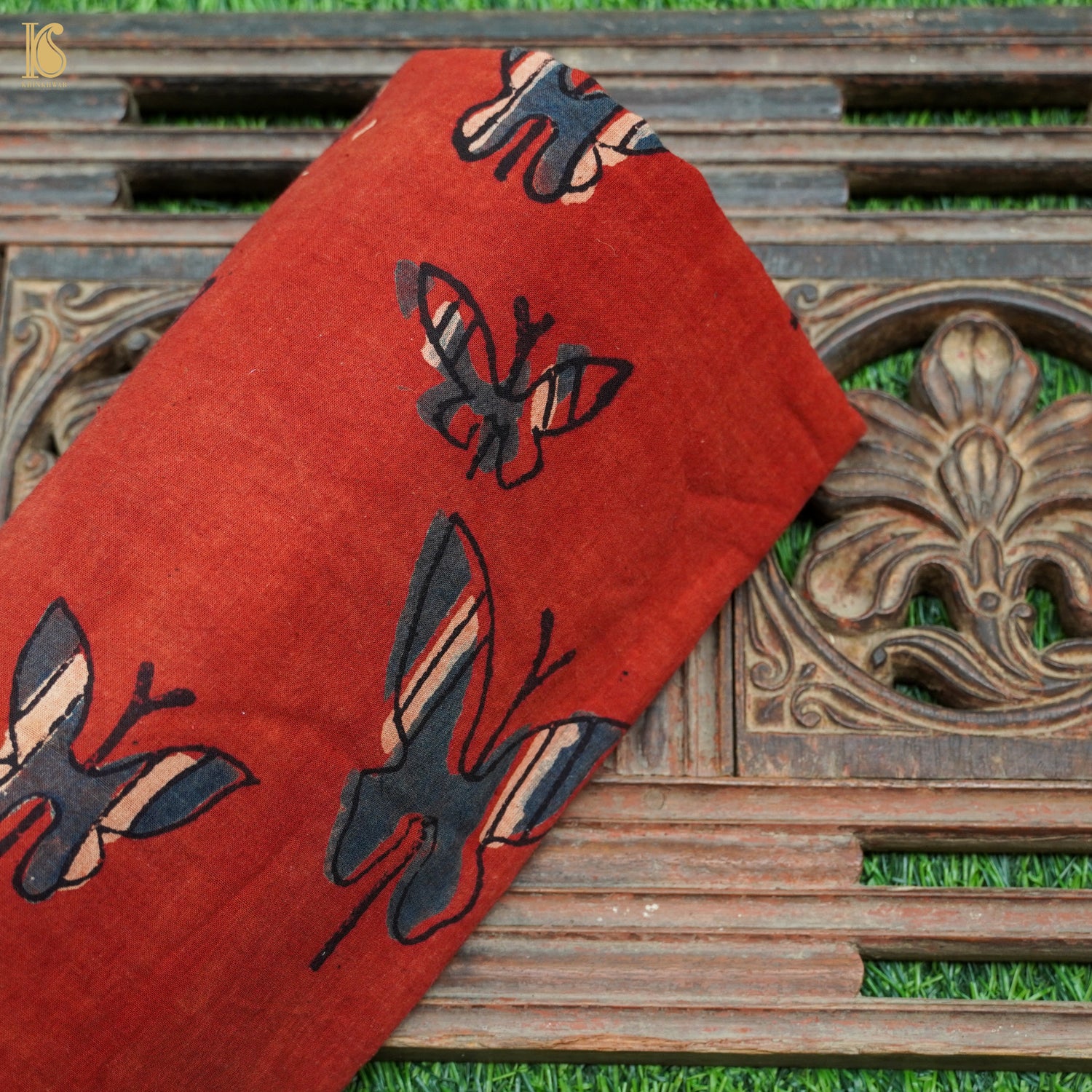 Red Hand Block Ajrakh Cotton Butterfly Fabric - Khinkhwab