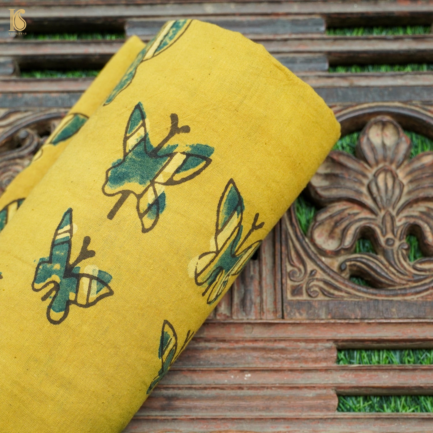 Yellow Hand Block Ajrakh Cotton Butterfly Fabric - Khinkhwab