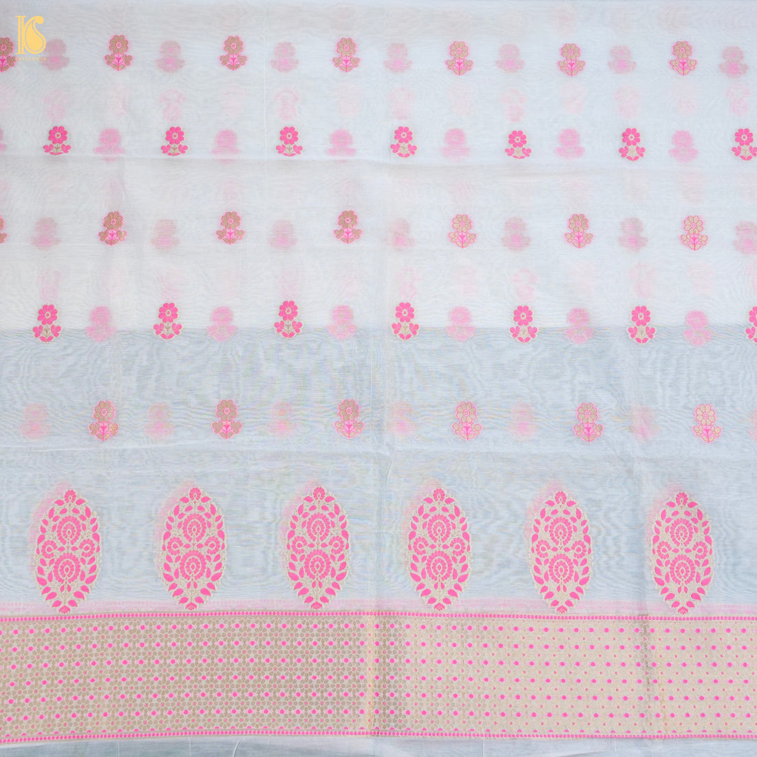 White & Pink Pure Cotton Silk Meenakari Banarasi Suit Set - Khinkhwab