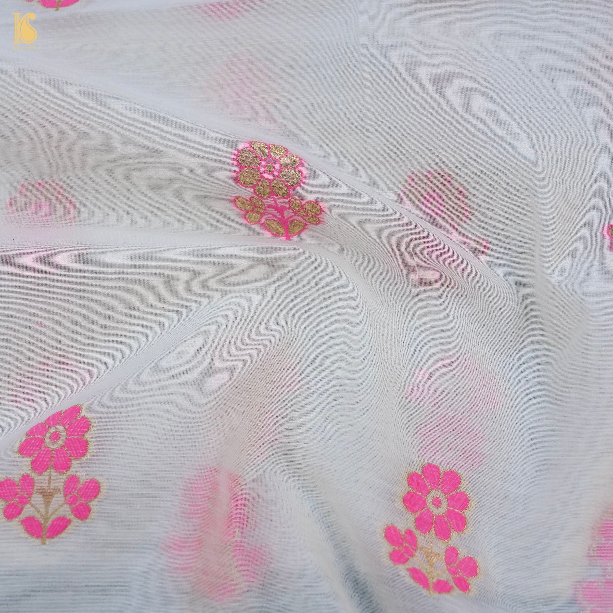 White & Pink Pure Cotton Silk Meenakari Banarasi Suit Set - Khinkhwab