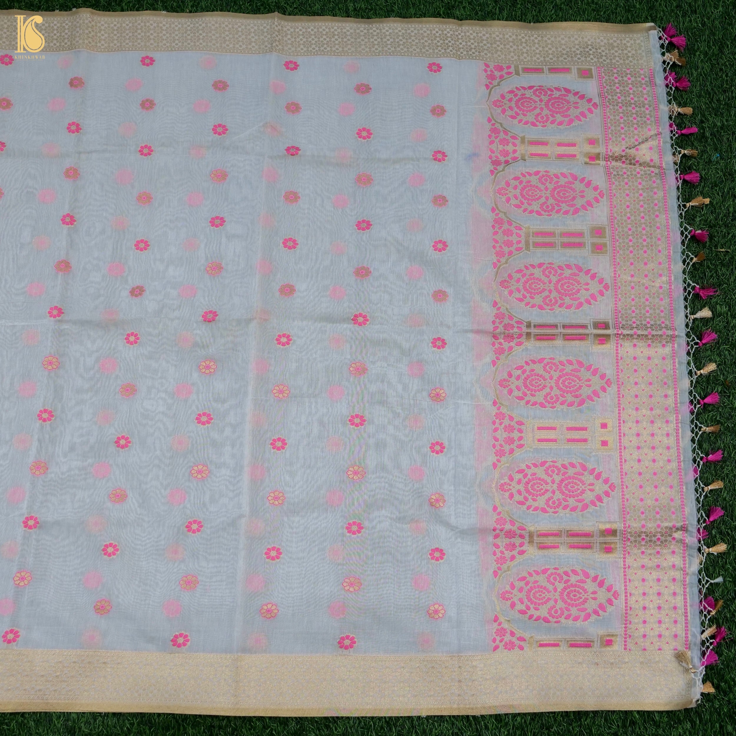 White & Pink Pure Cotton Silk Meenakari Banarasi Suit Set - Khinkhwab