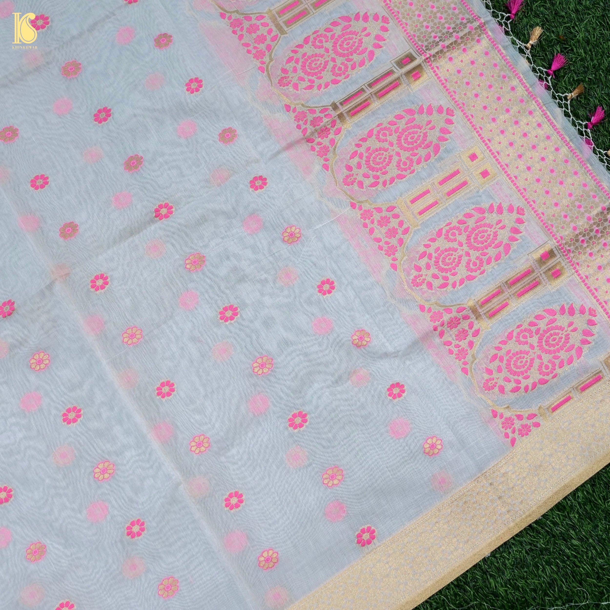 White & Pink Pure Cotton Silk Meenakari Banarasi Suit Set - Khinkhwab