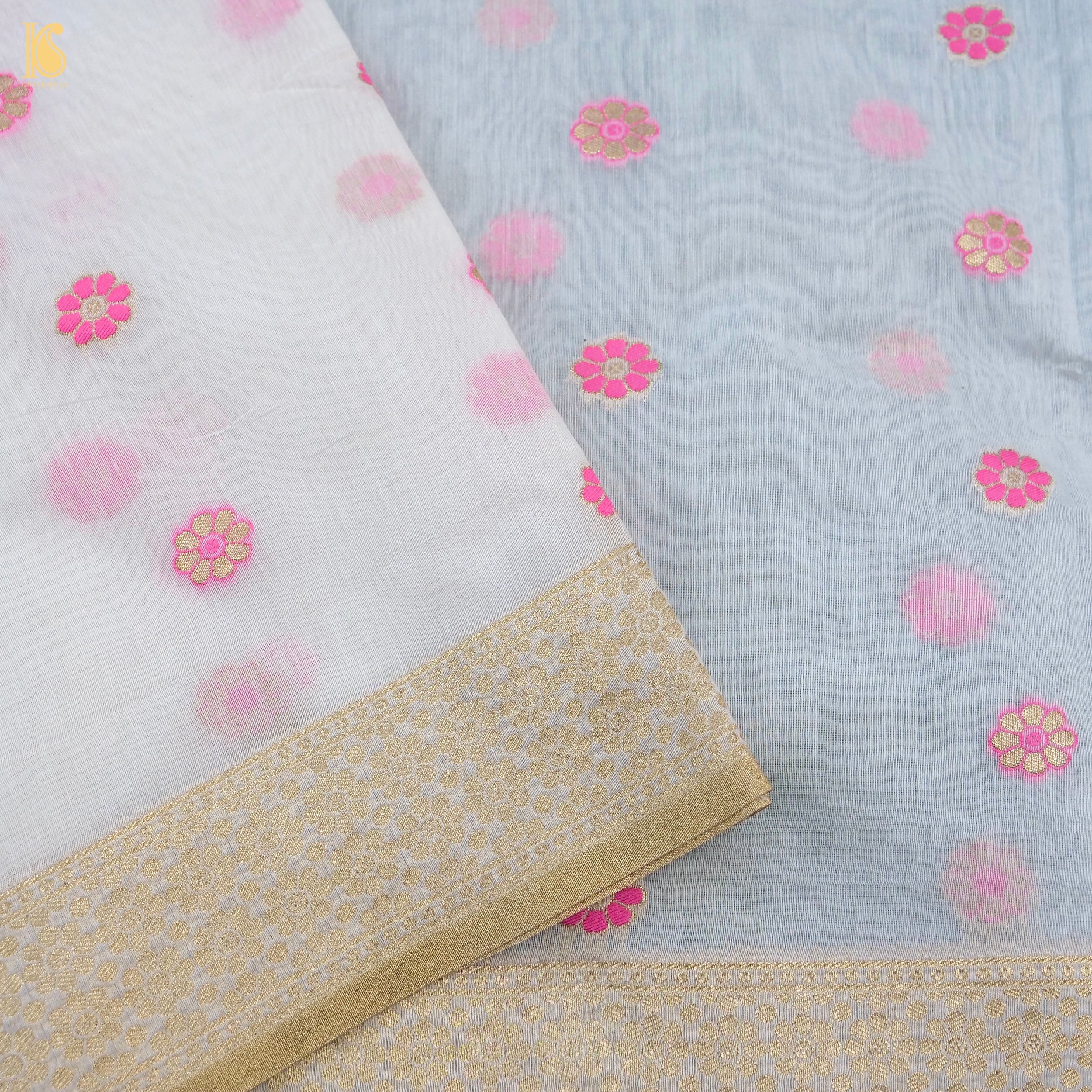White & Pink Pure Cotton Silk Meenakari Banarasi Suit Set - Khinkhwab