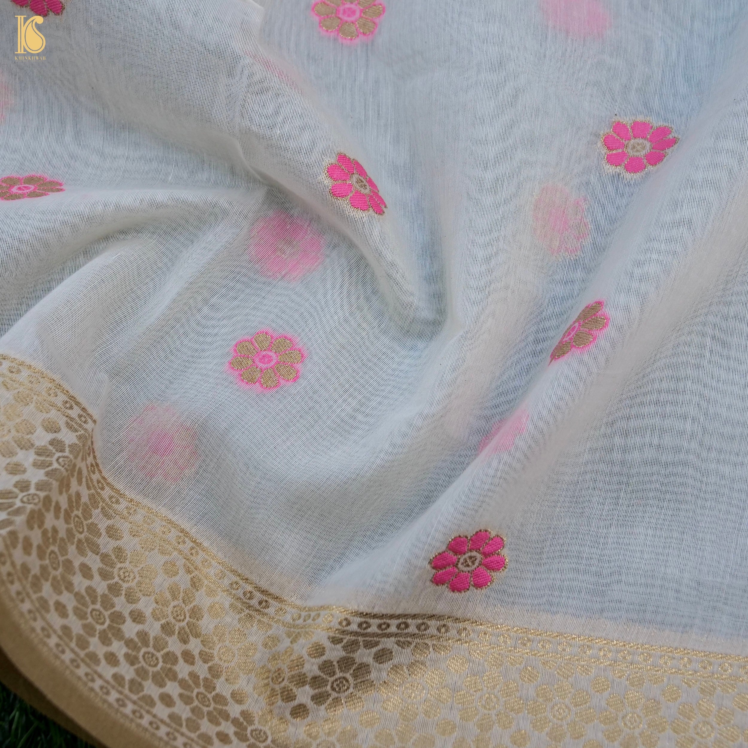 White & Pink Pure Cotton Silk Meenakari Banarasi Suit Set - Khinkhwab