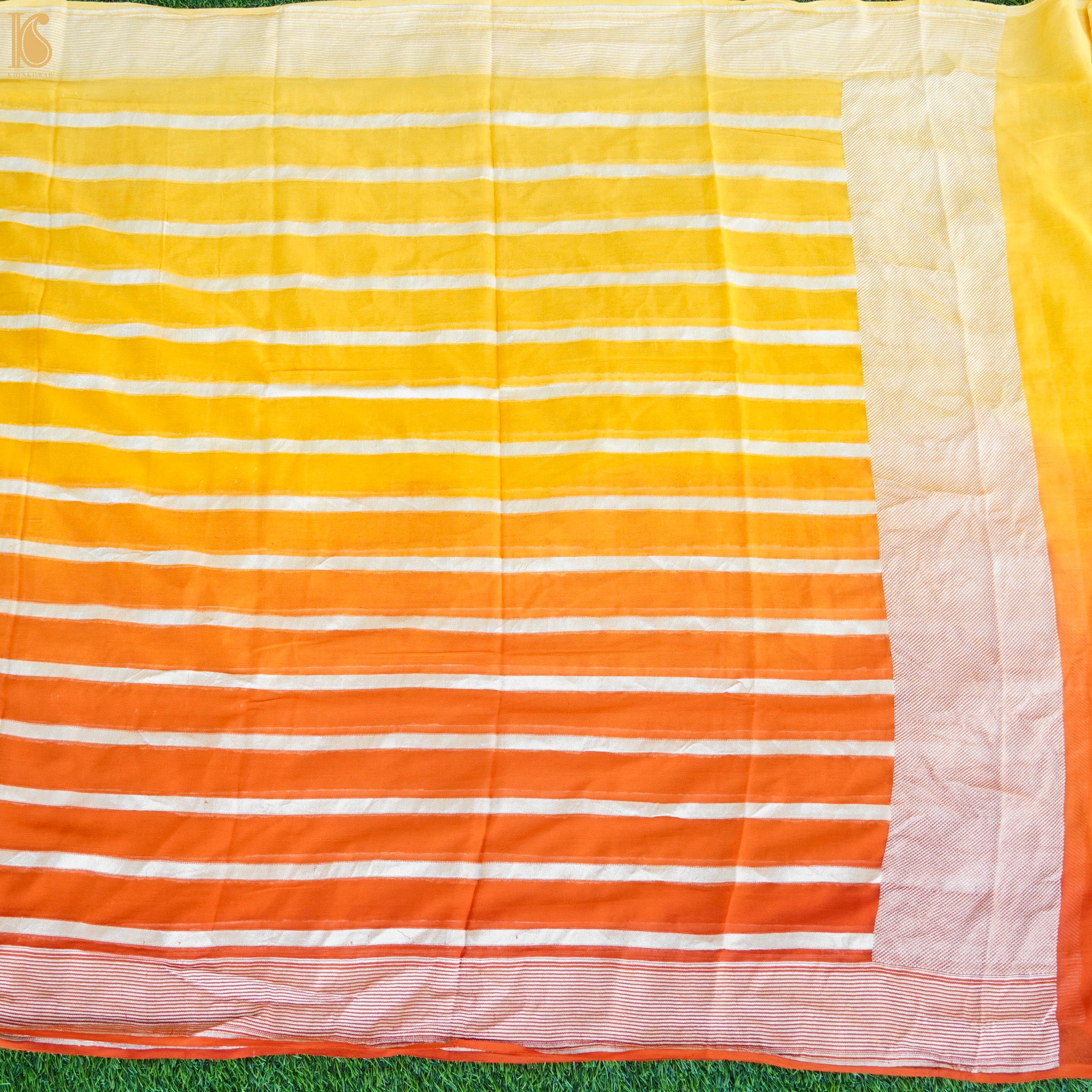 Yellow & Orange Pure Georgette Handloom Banarasi Stripes Saree - Khinkhwab