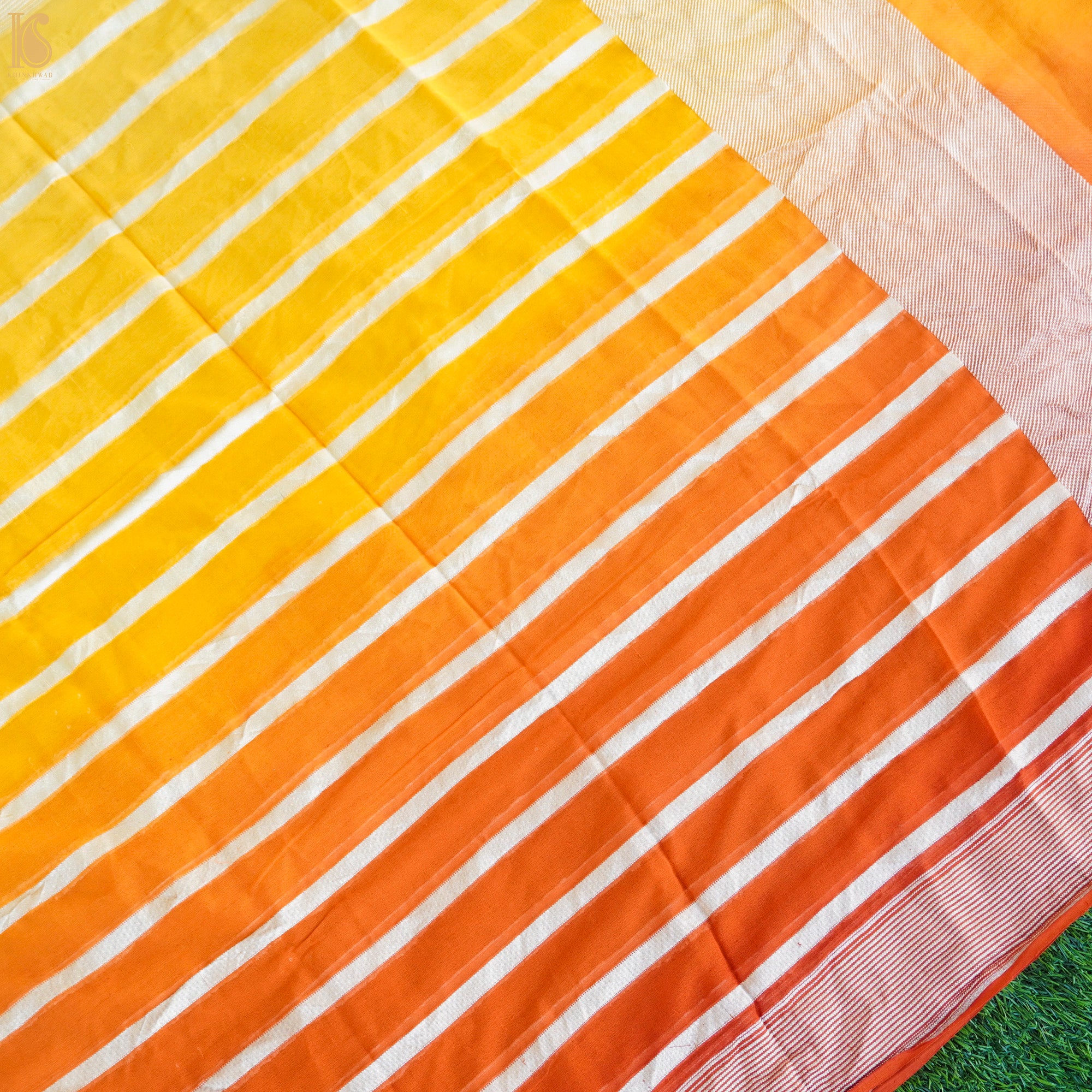 Yellow & Orange Pure Georgette Handloom Banarasi Stripes Saree - Khinkhwab