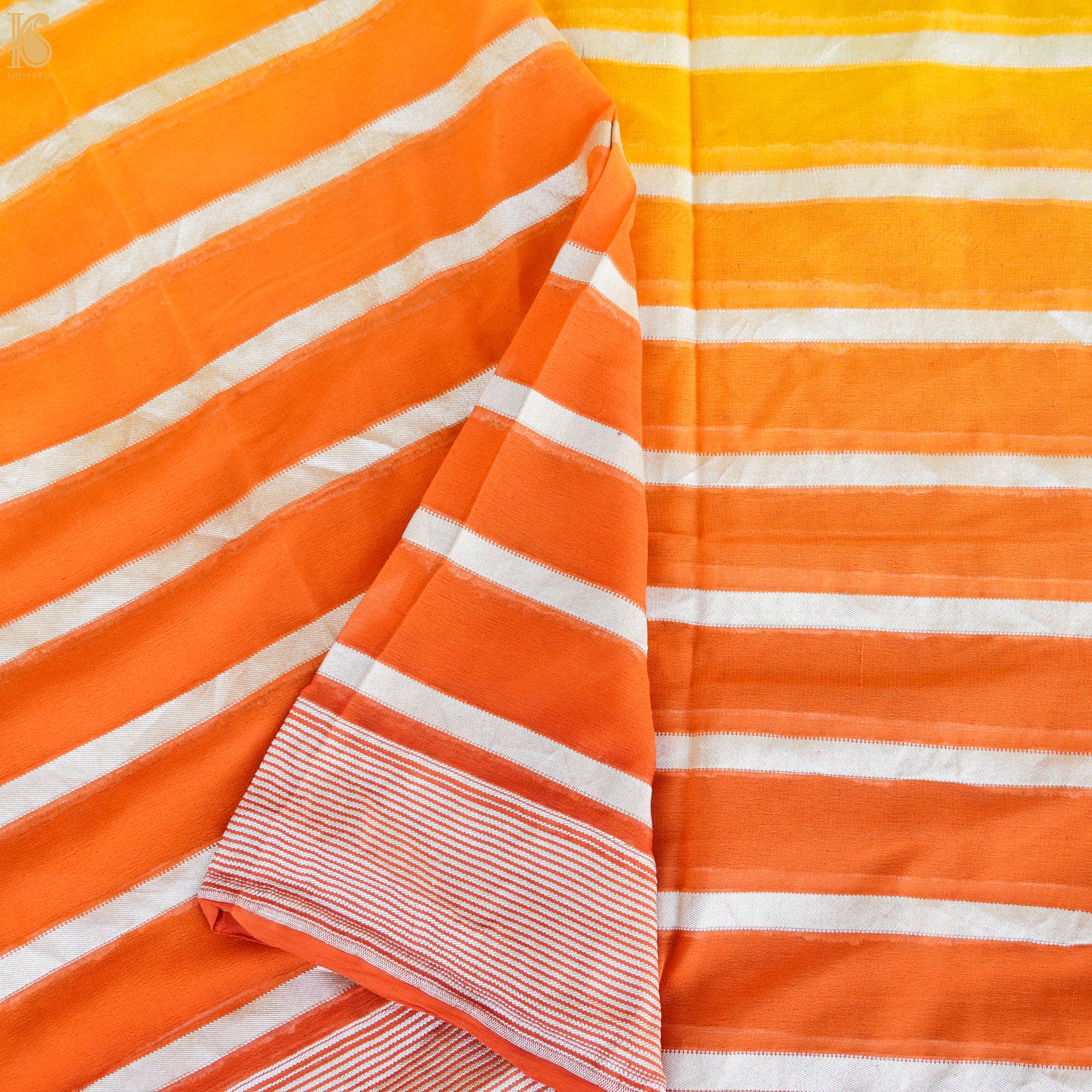 Yellow & Orange Pure Georgette Handloom Banarasi Stripes Saree - Khinkhwab