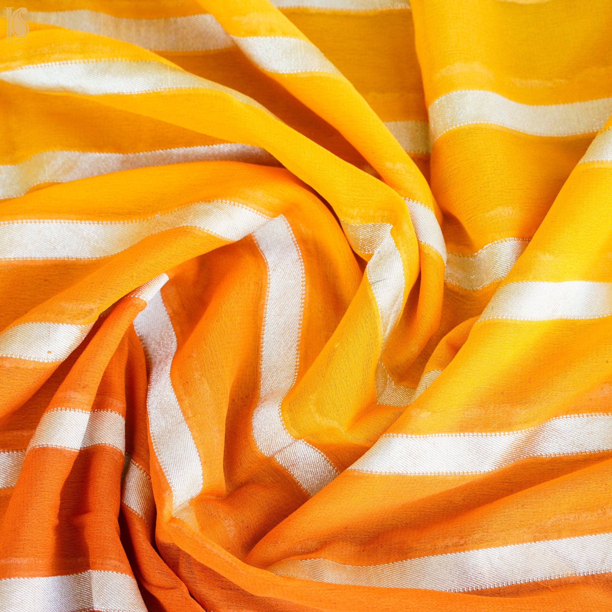 Yellow & Orange Pure Georgette Handloom Banarasi Stripes Saree - Khinkhwab