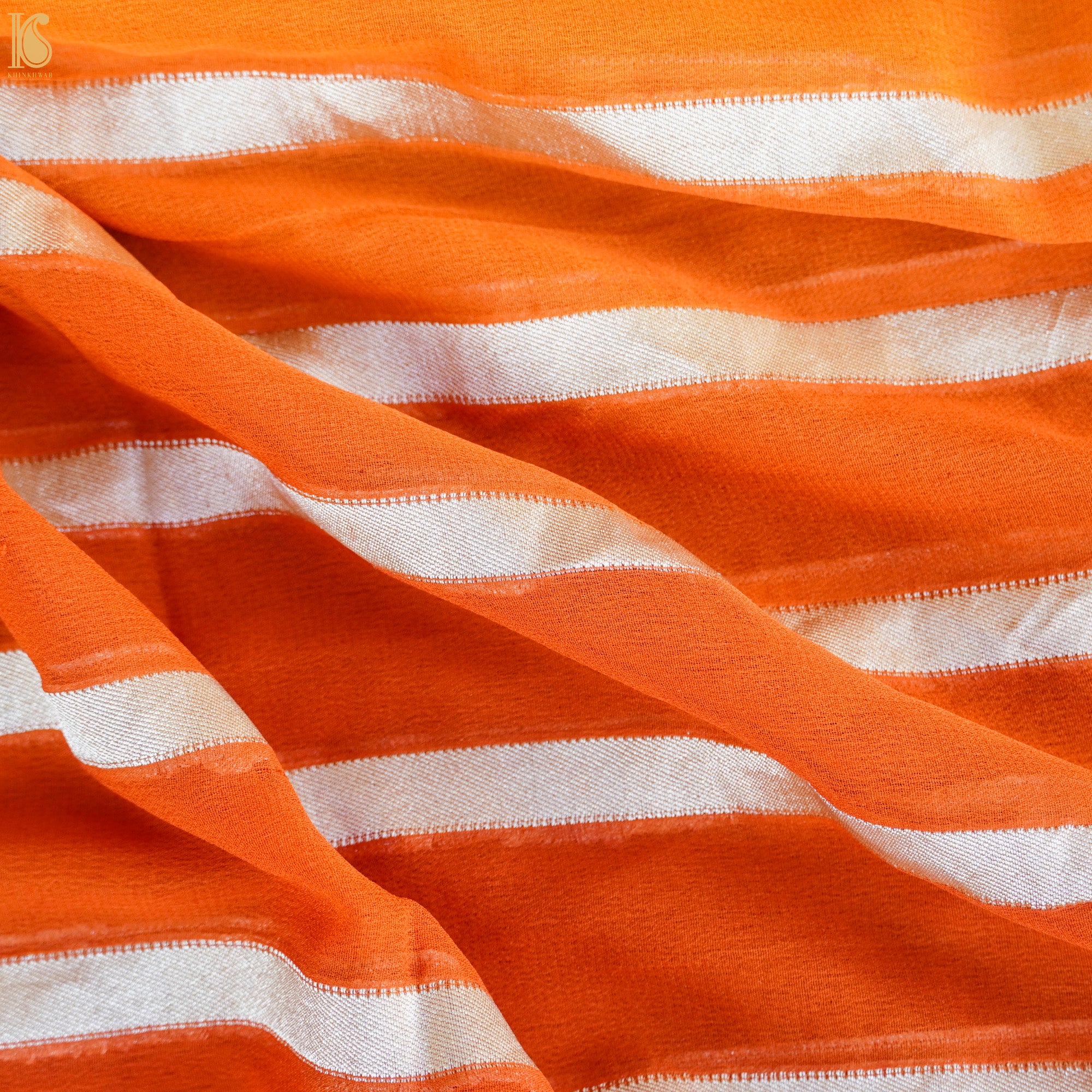 Yellow & Orange Pure Georgette Handloom Banarasi Stripes Saree - Khinkhwab