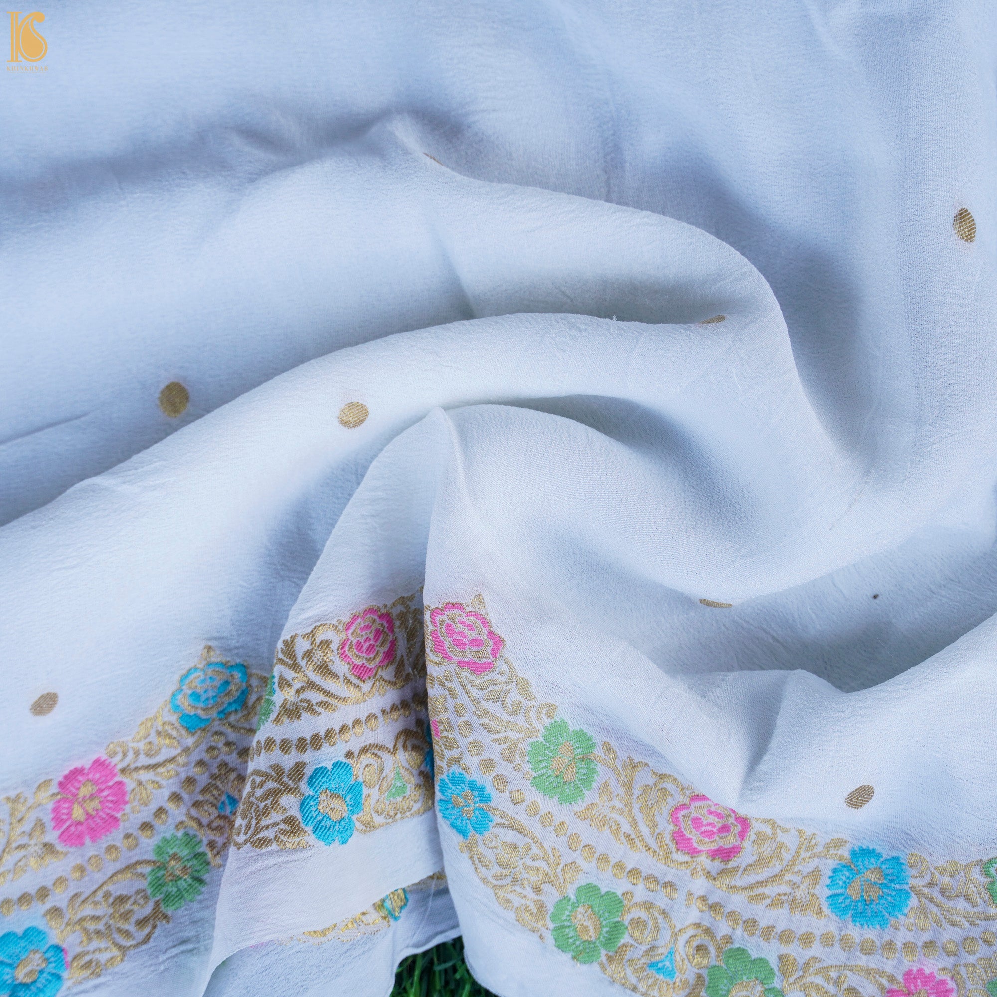 White Pure Georgette Handloom Banarasi Scalloped Border Dupatta - Khinkhwab