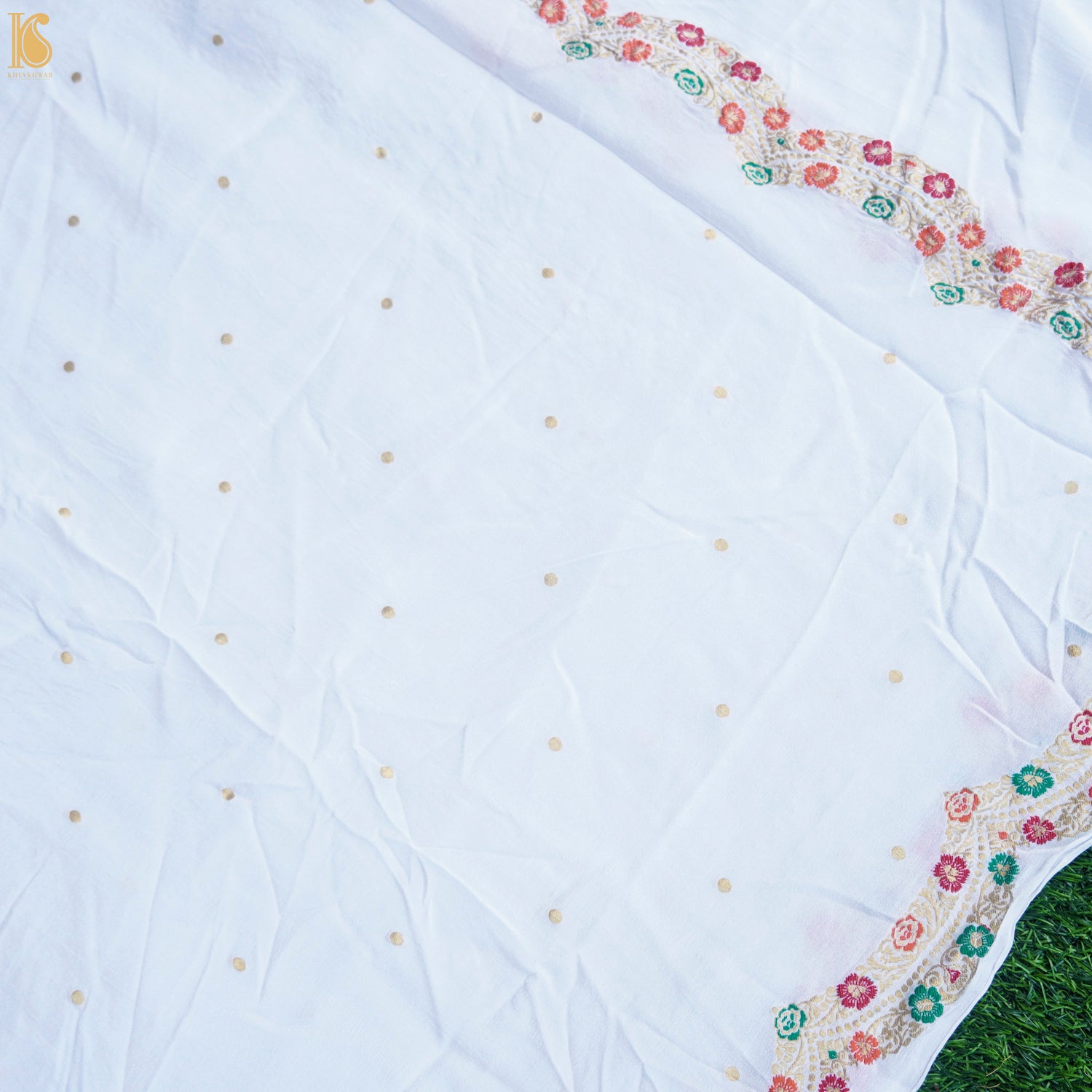 White Pure Georgette Handloom Banarasi Scalloped Border Dupatta - Khinkhwab