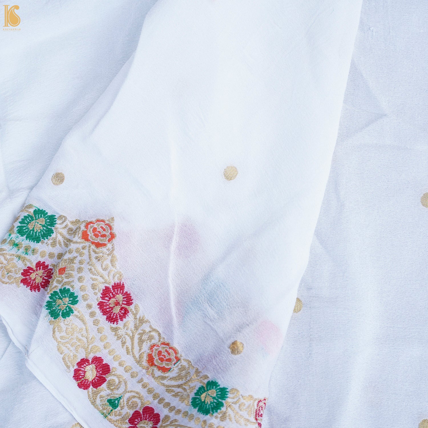 White Pure Georgette Handloom Banarasi Scalloped Border Dupatta - Khinkhwab