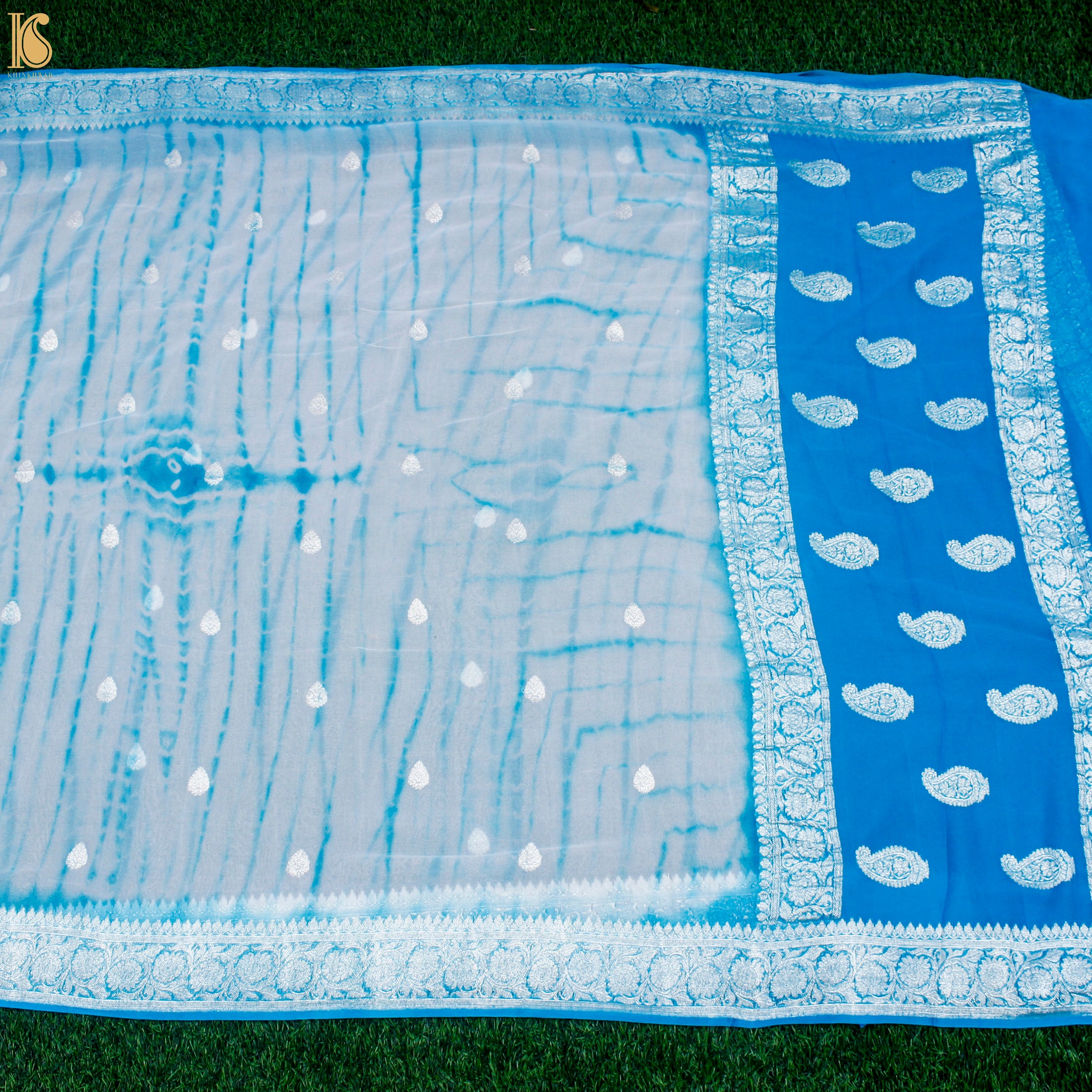 Pacific Blue Pure Georgette Handloom Banarasi Shibori Saree - Khinkhwab