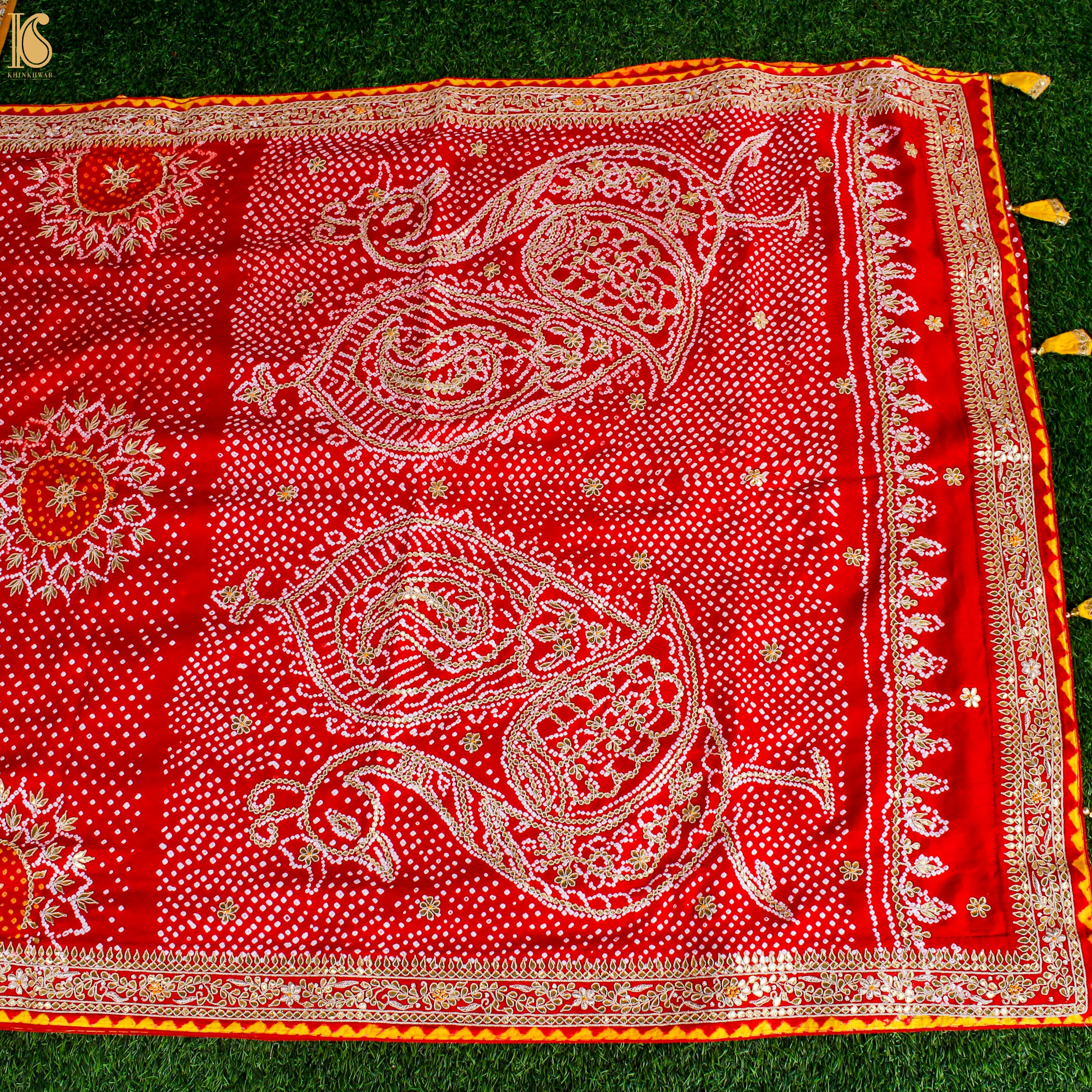 Preorder - Red Pure Gajji Silk Bandhani Gotta Patti Saree - Khinkhwab