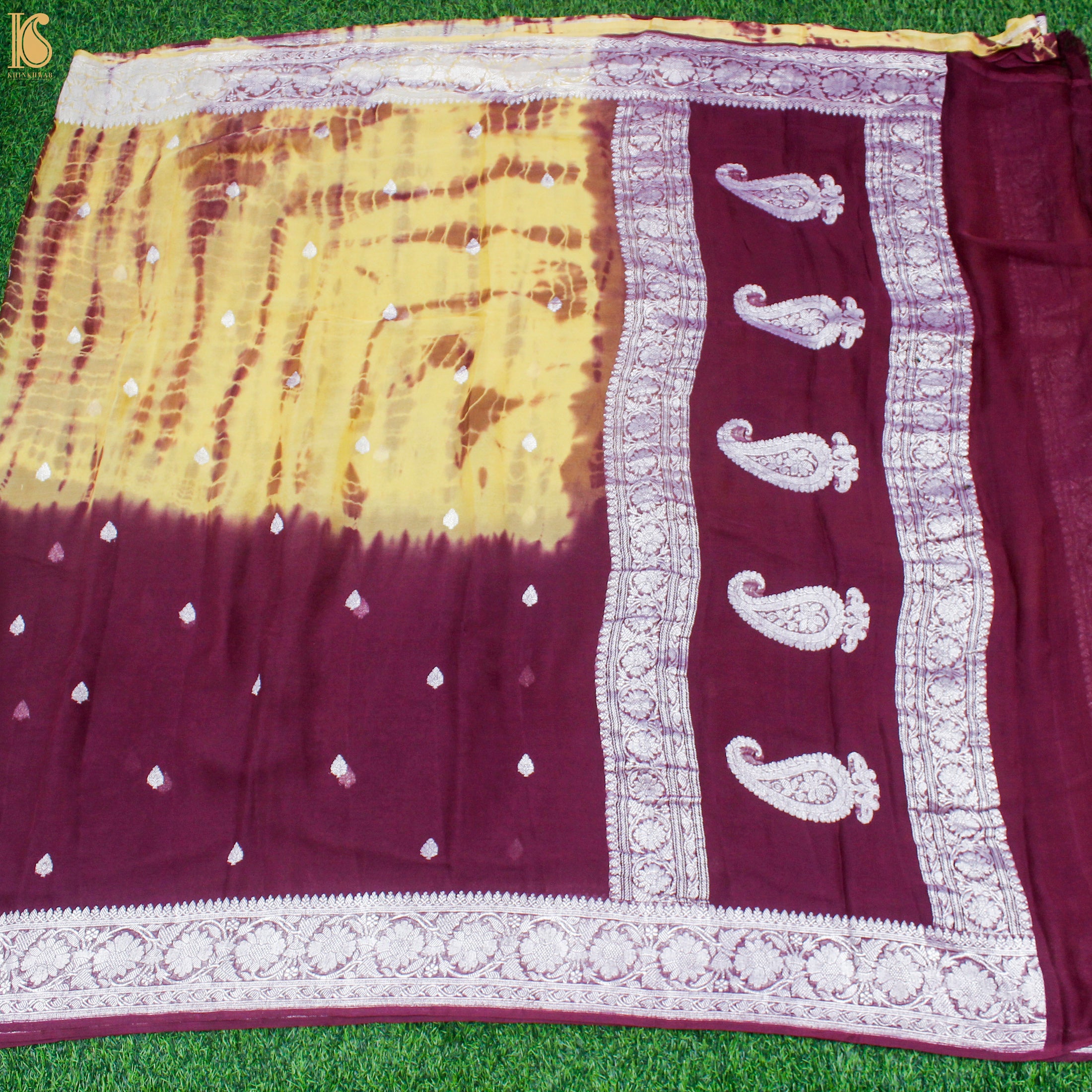 Yellow & Mehroon Pure Georgette Handloom Banarasi Shibori Saree - Khinkhwab