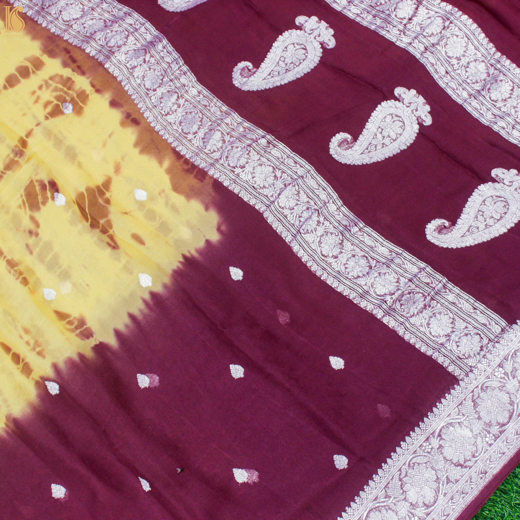 Yellow & Mehroon Pure Georgette Handloom Banarasi Shibori Saree - Khinkhwab