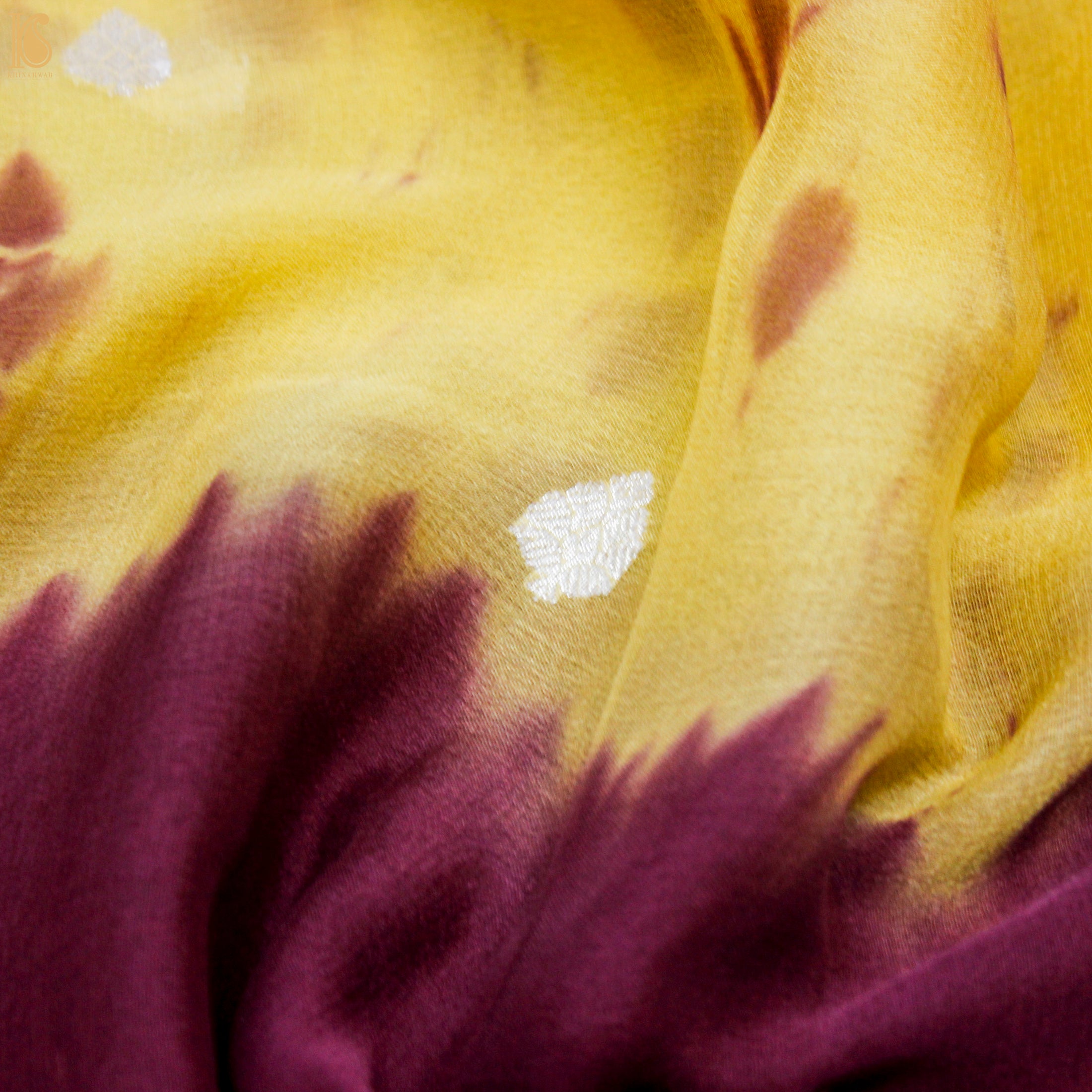 Yellow & Mehroon Pure Georgette Handloom Banarasi Shibori Saree - Khinkhwab