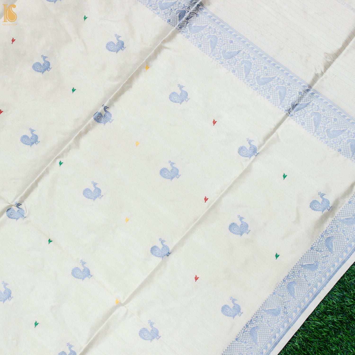 Ecru White Pure Katan Silk Handwoven Banarasi Kadwa Resham Dupatta - Khinkhwab