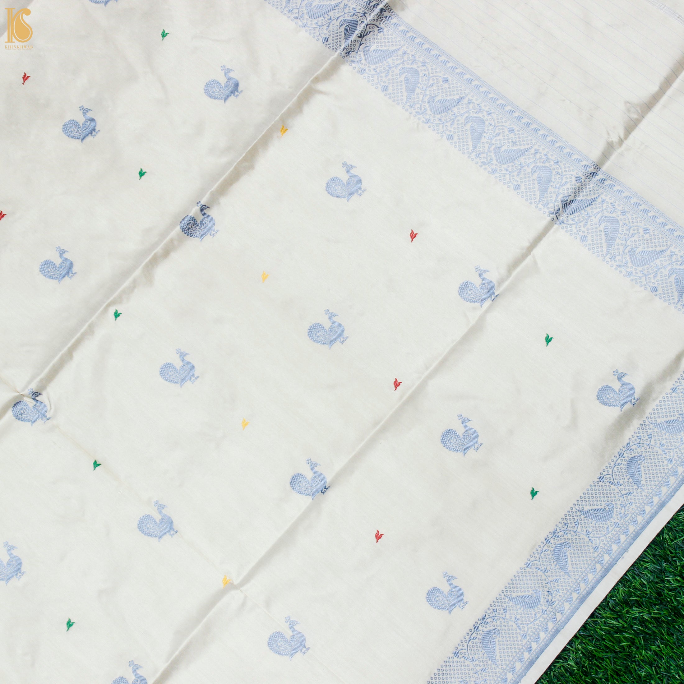 Ecru White Pure Katan Silk Handwoven Banarasi Kadwa Resham Dupatta - Khinkhwab