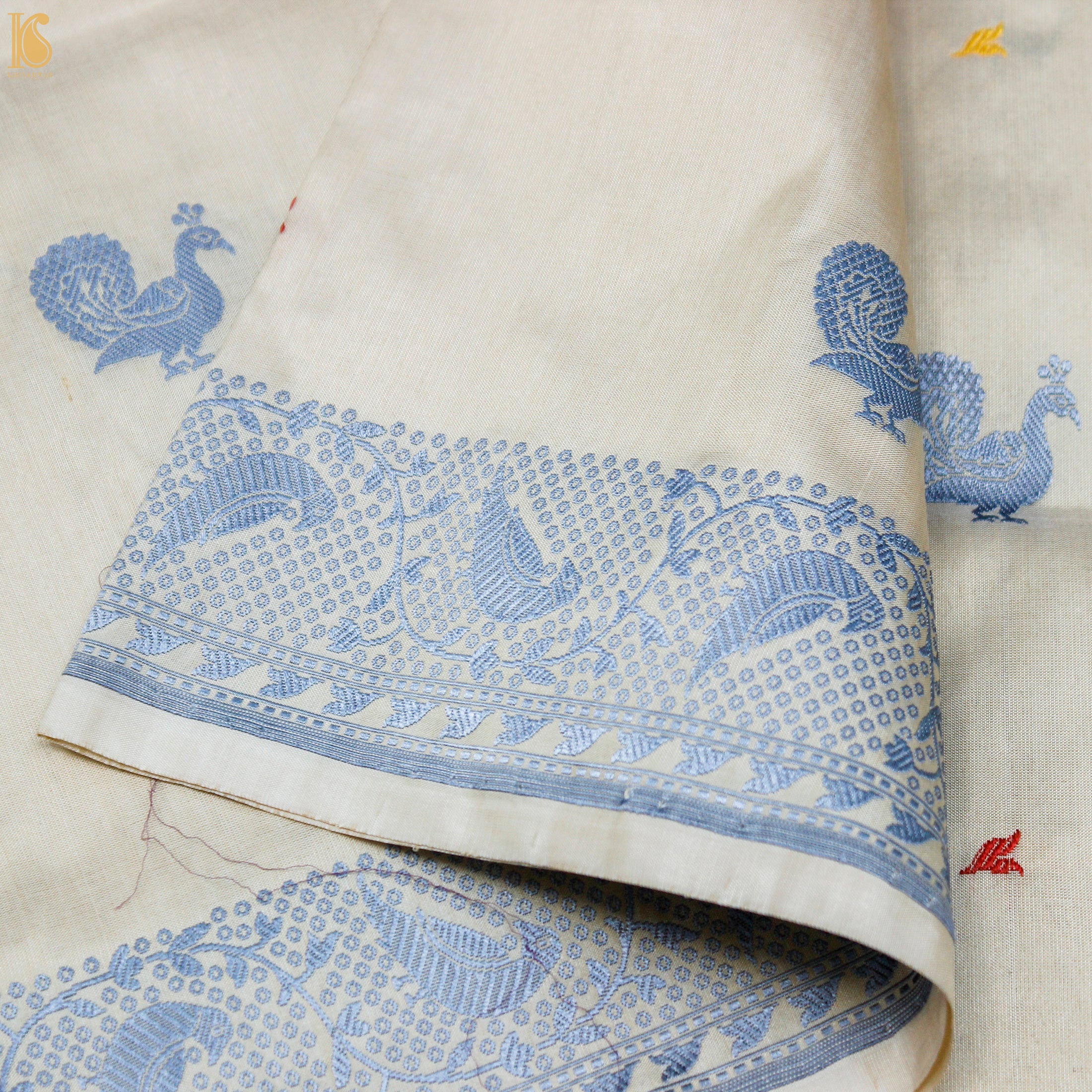 Ecru White Pure Katan Silk Handwoven Banarasi Kadwa Resham Dupatta - Khinkhwab