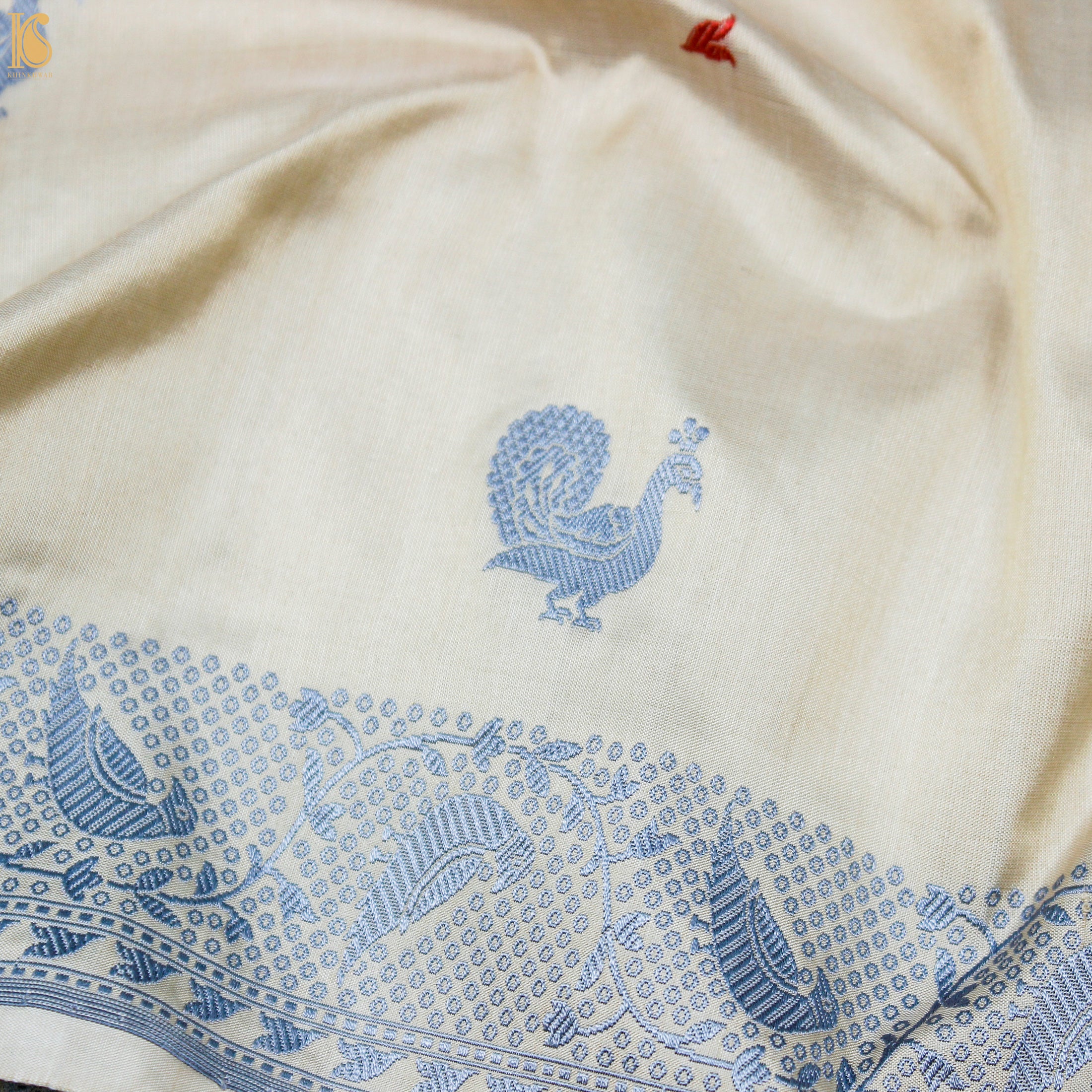 Ecru White Pure Katan Silk Handwoven Banarasi Kadwa Resham Dupatta - Khinkhwab