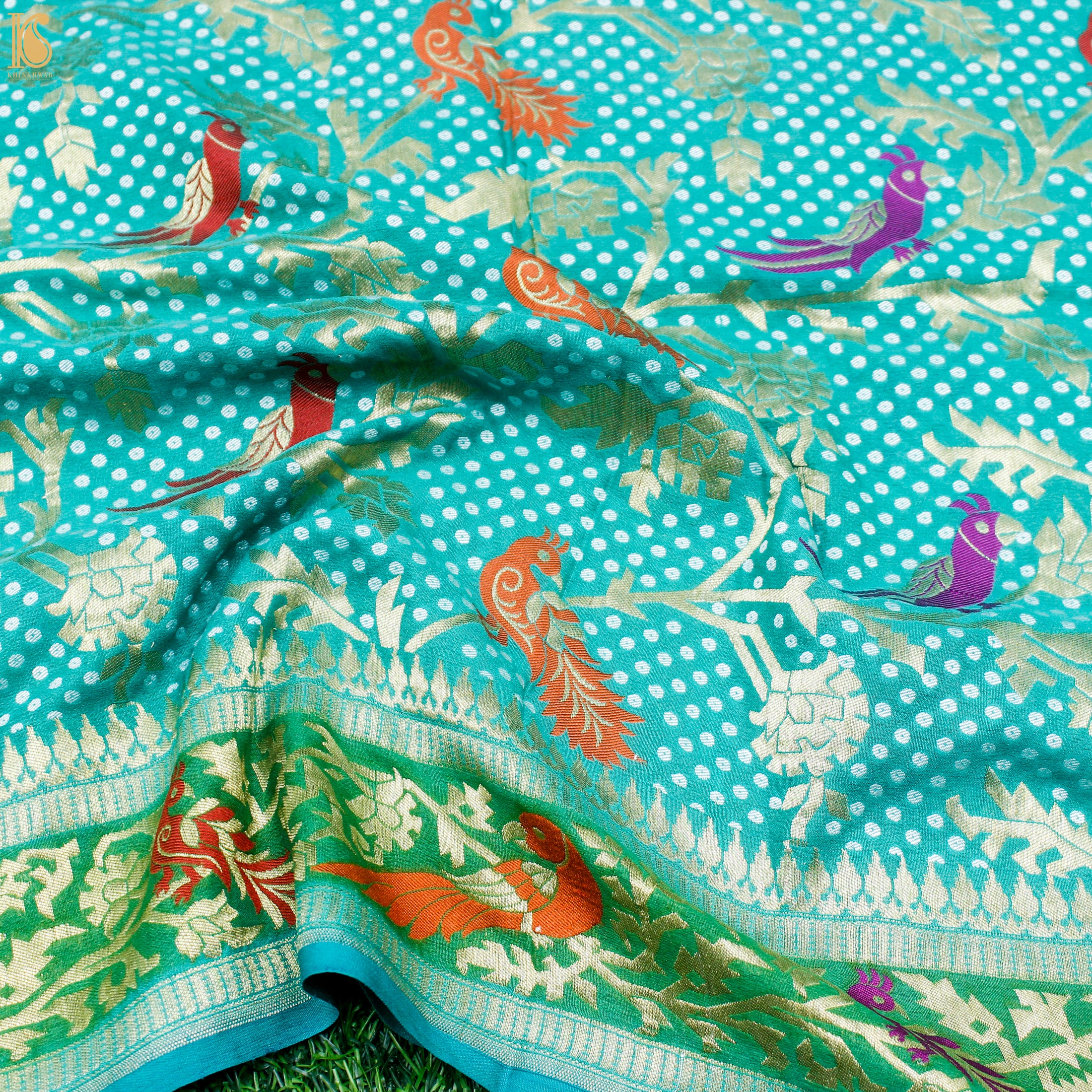 Turquoise Pure Georgette Shikargah Handloom Banarasi Dupatta - Khinkhwab