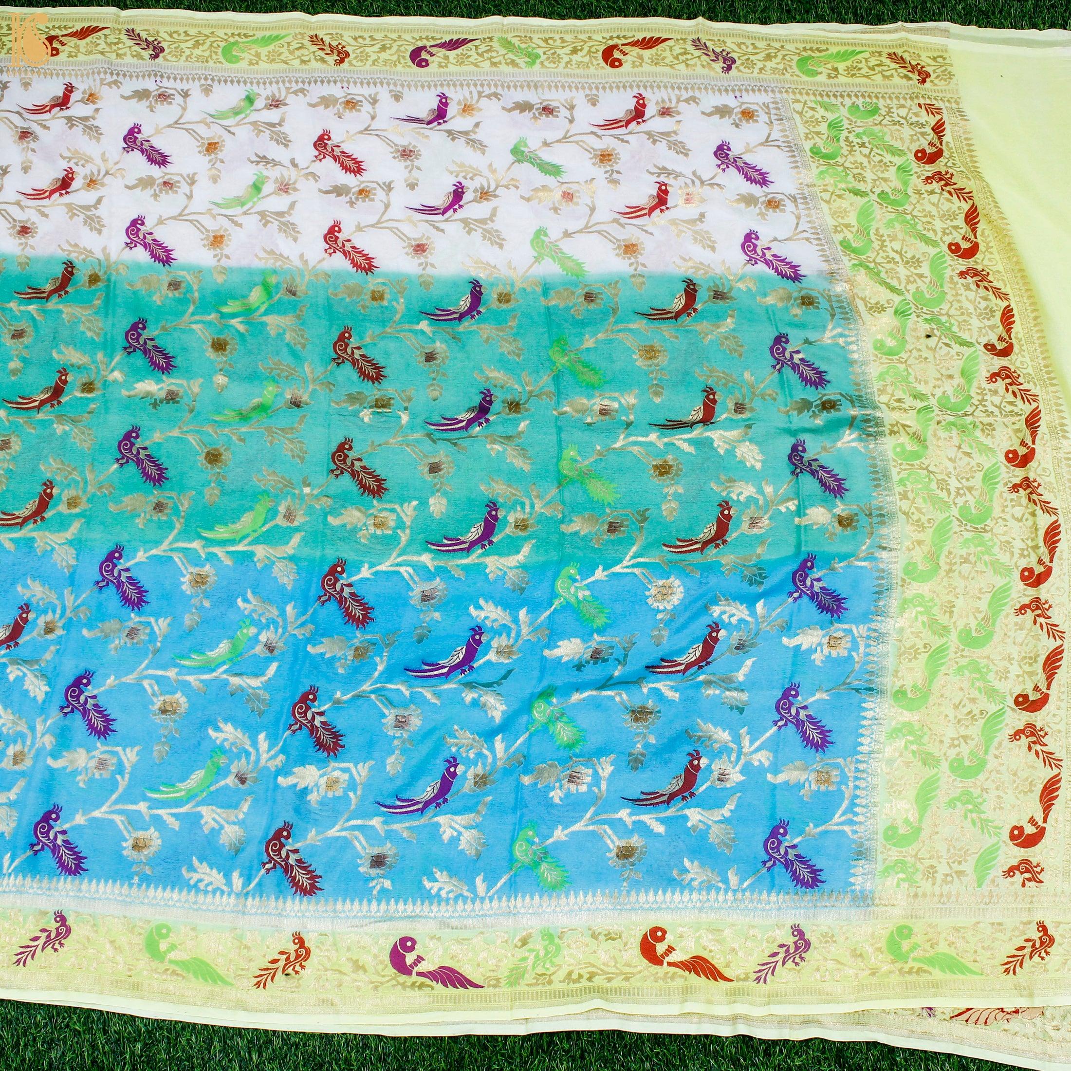 Tricolor Pure Georgette Shikargah Handloom Banarasi Dupatta - Khinkhwab