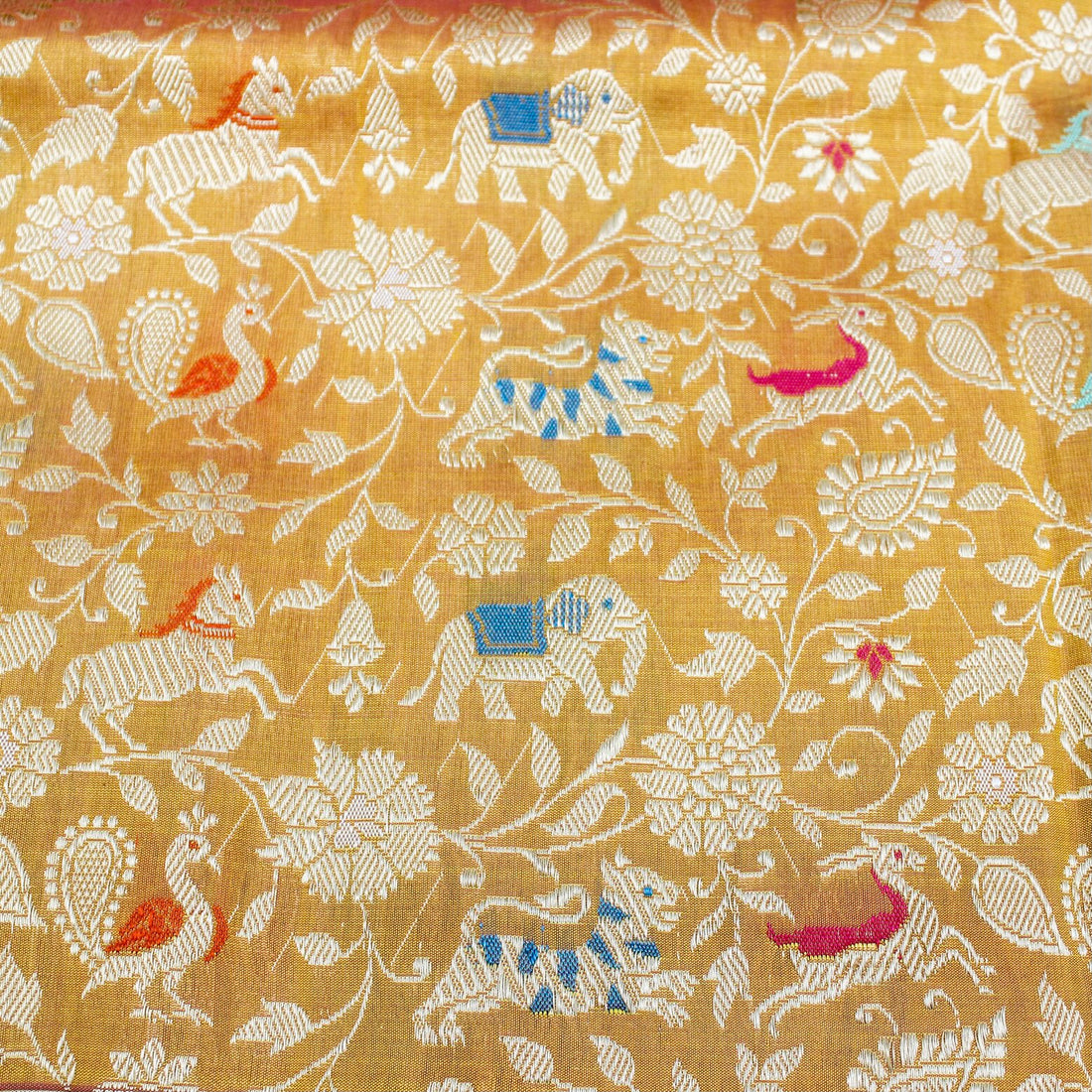 Handwoven Apache Orange Pure Katan Silk Banarasi Shikargah Fabric - Khinkhwab