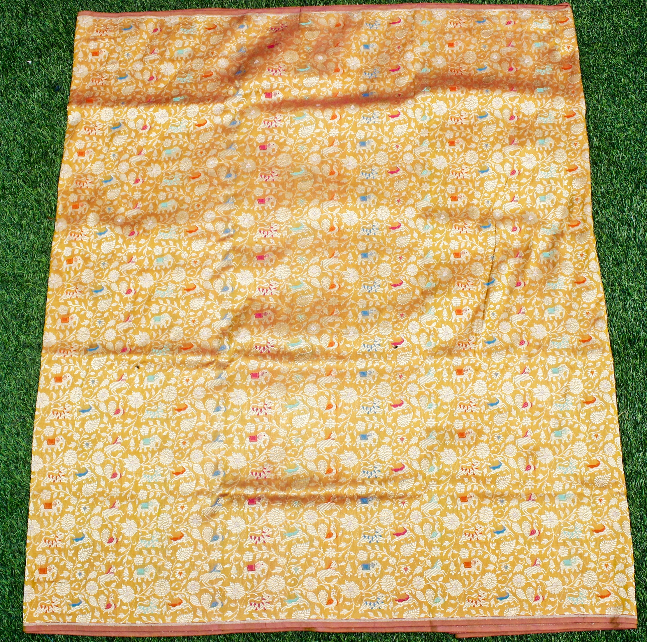 Handwoven Apache Orange Pure Katan Silk Banarasi Shikargah Fabric - Khinkhwab