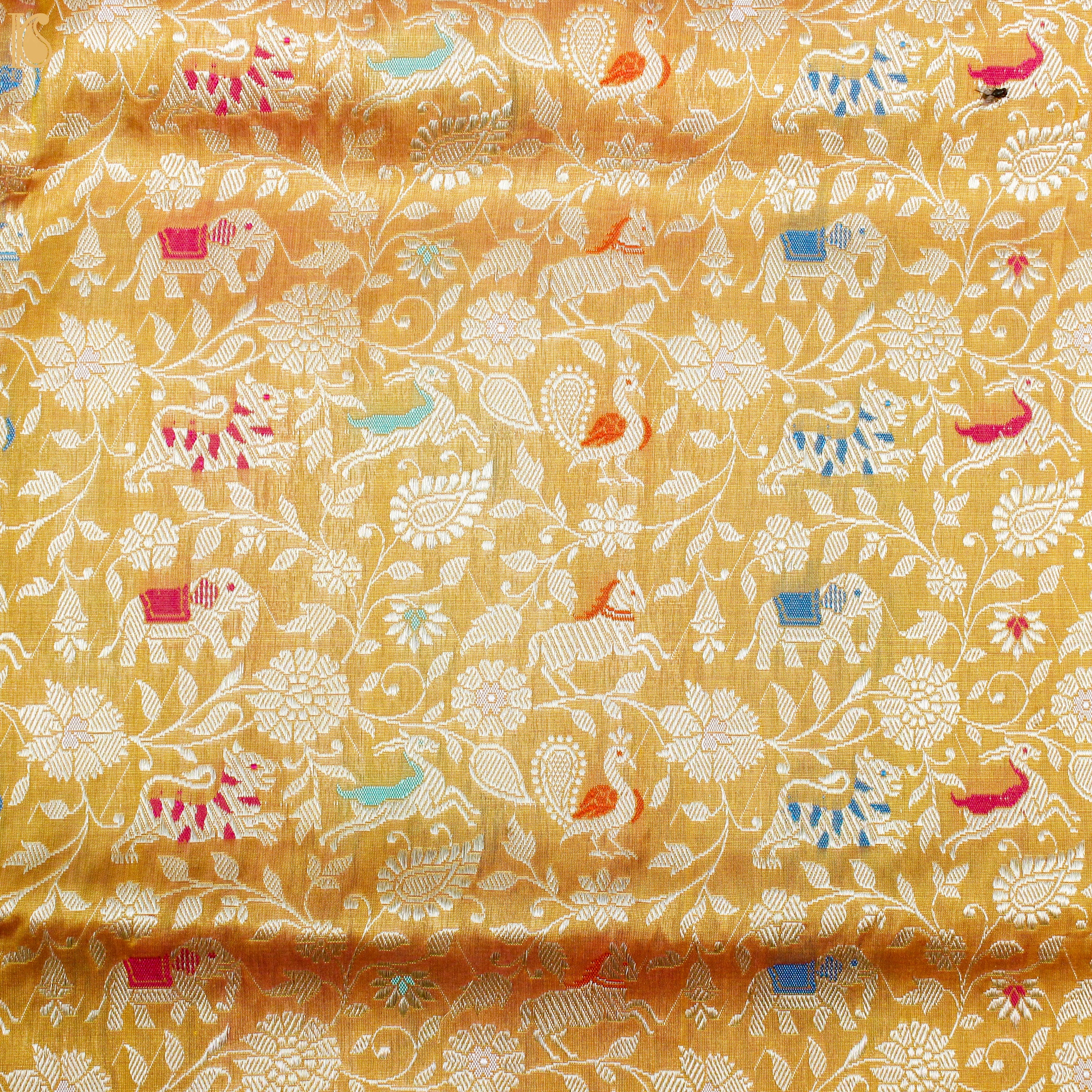 Handwoven Apache Orange Pure Katan Silk Banarasi Shikargah Fabric - Khinkhwab