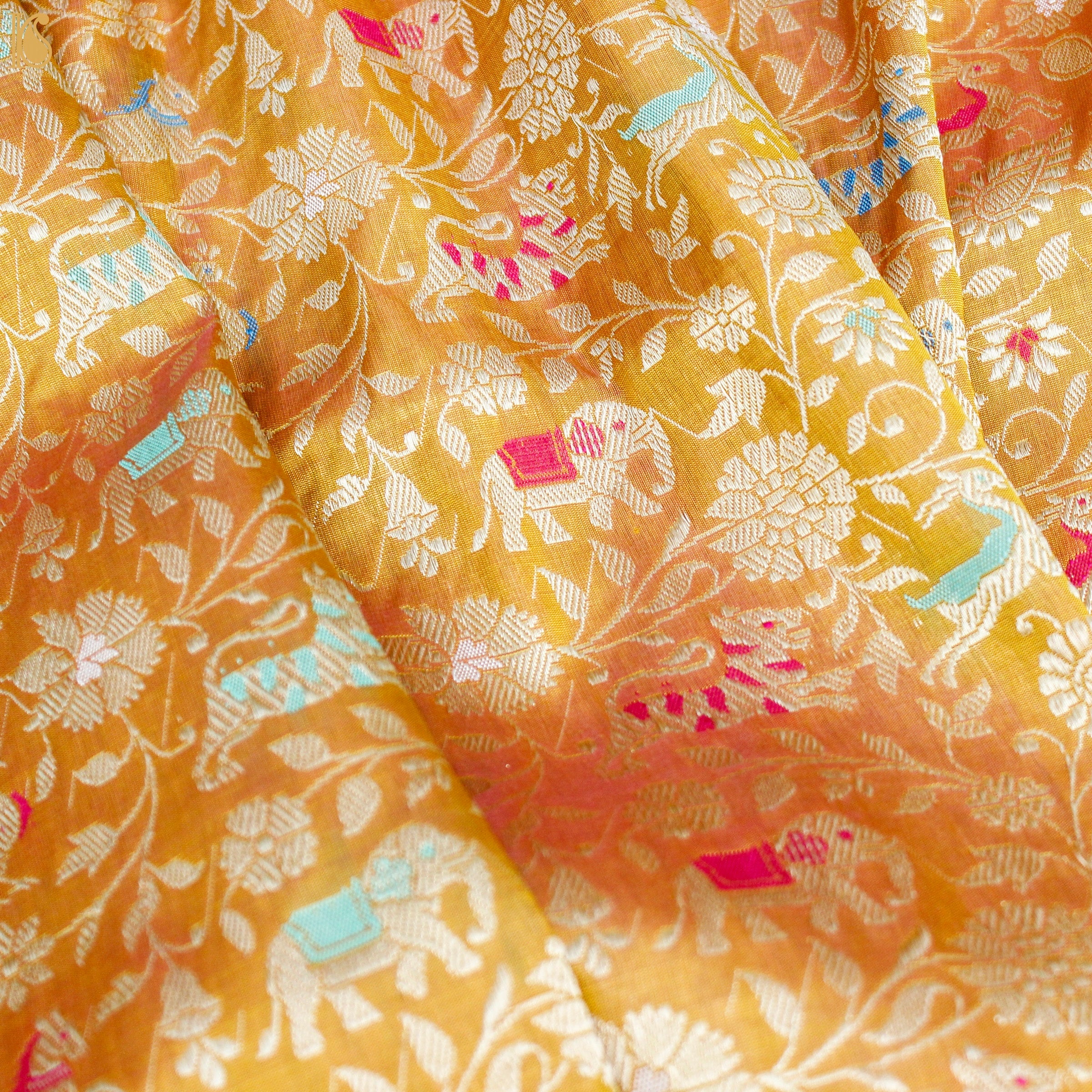 Handwoven Apache Orange Pure Katan Silk Banarasi Shikargah Fabric - Khinkhwab