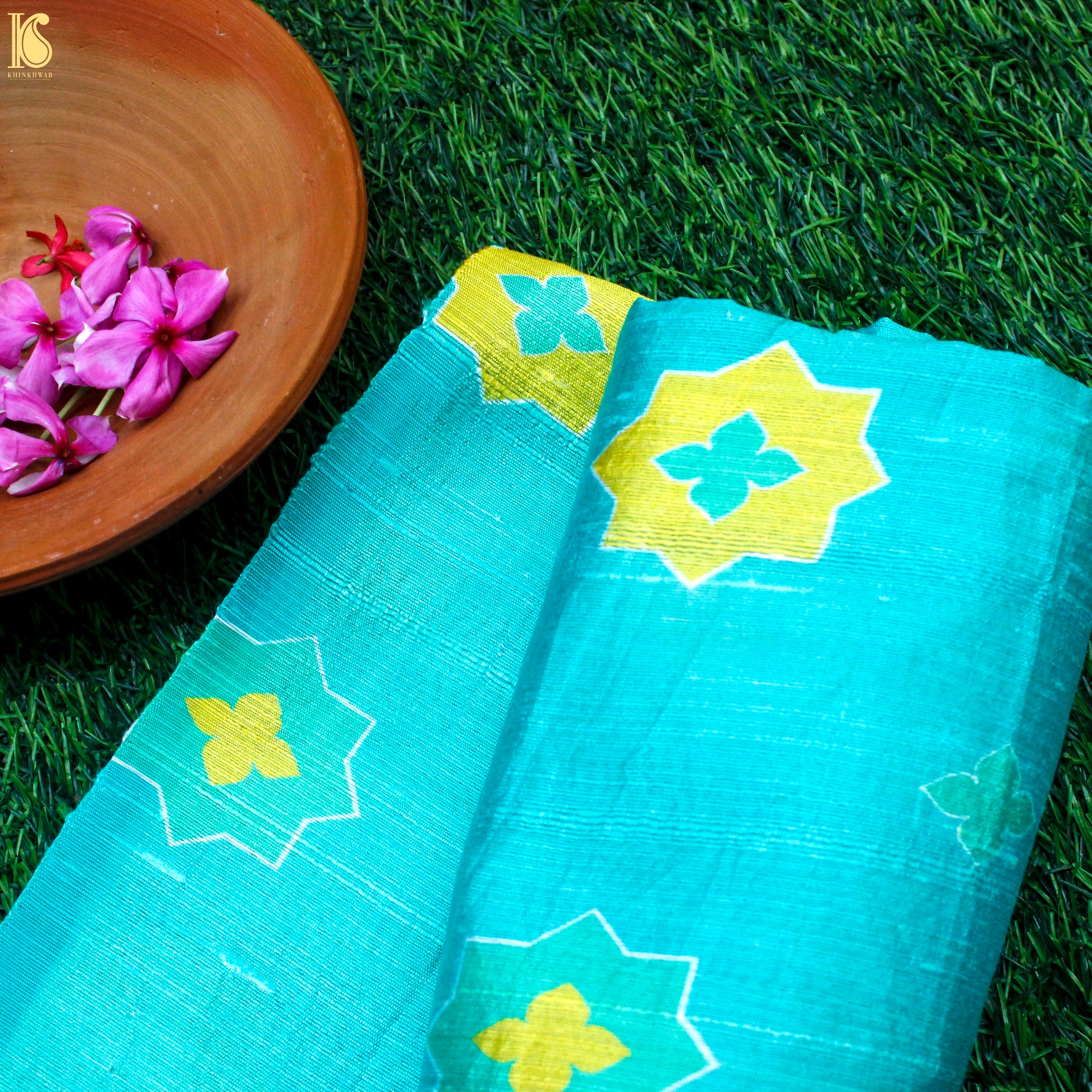 SITARA - Turquoise Pure Raw Silk Print Fabric - Khinkhwab