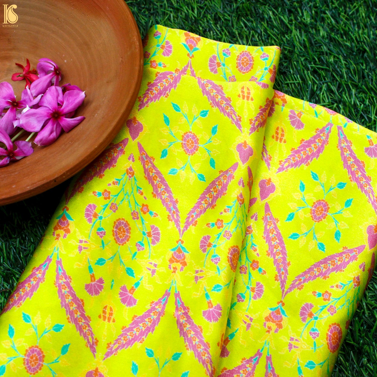 NERGİS - Milan Yellow Pure Sateen Silk Print Fabric - Khinkhwab