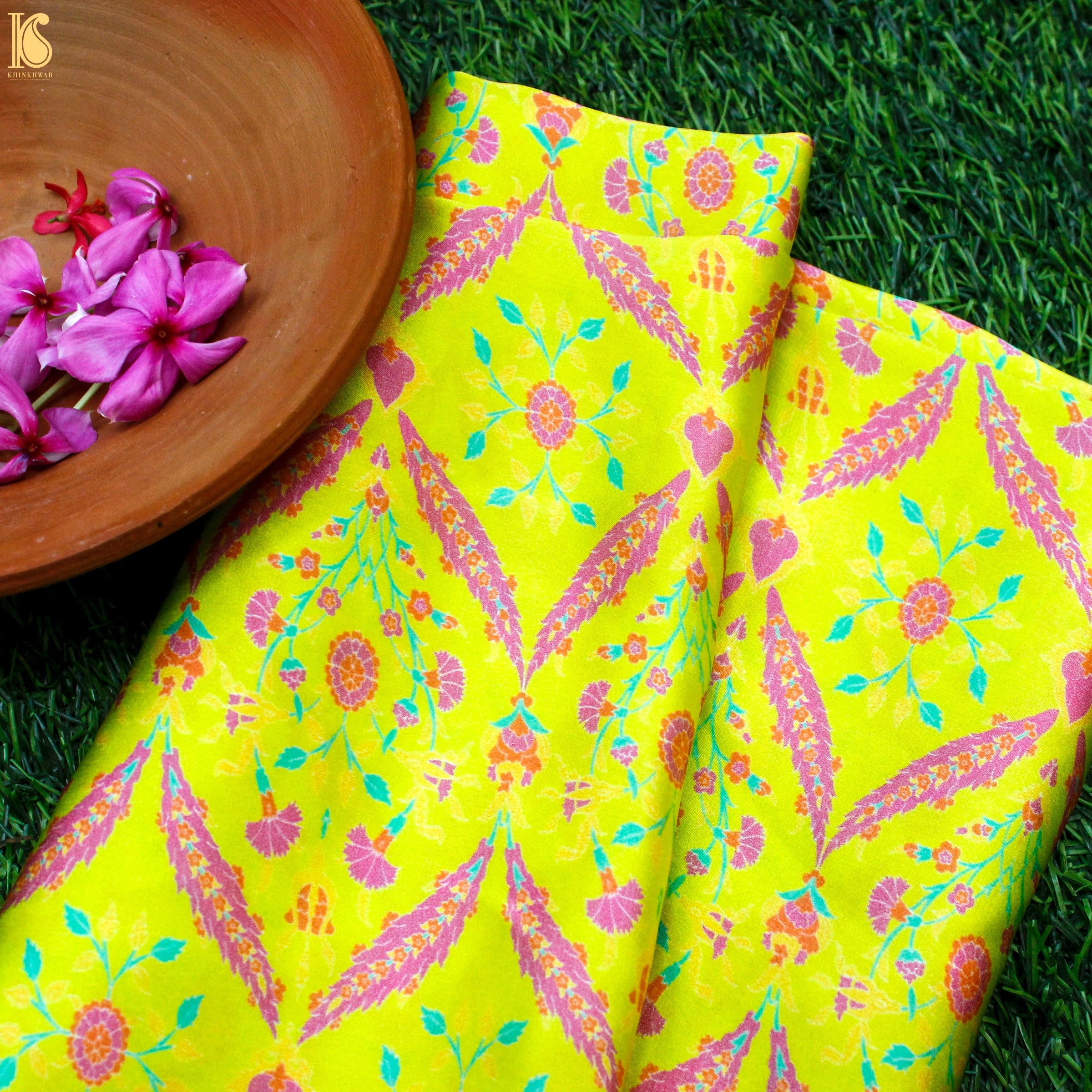 NERGİS - Milan Yellow Pure Sateen Silk Print Fabric - Khinkhwab