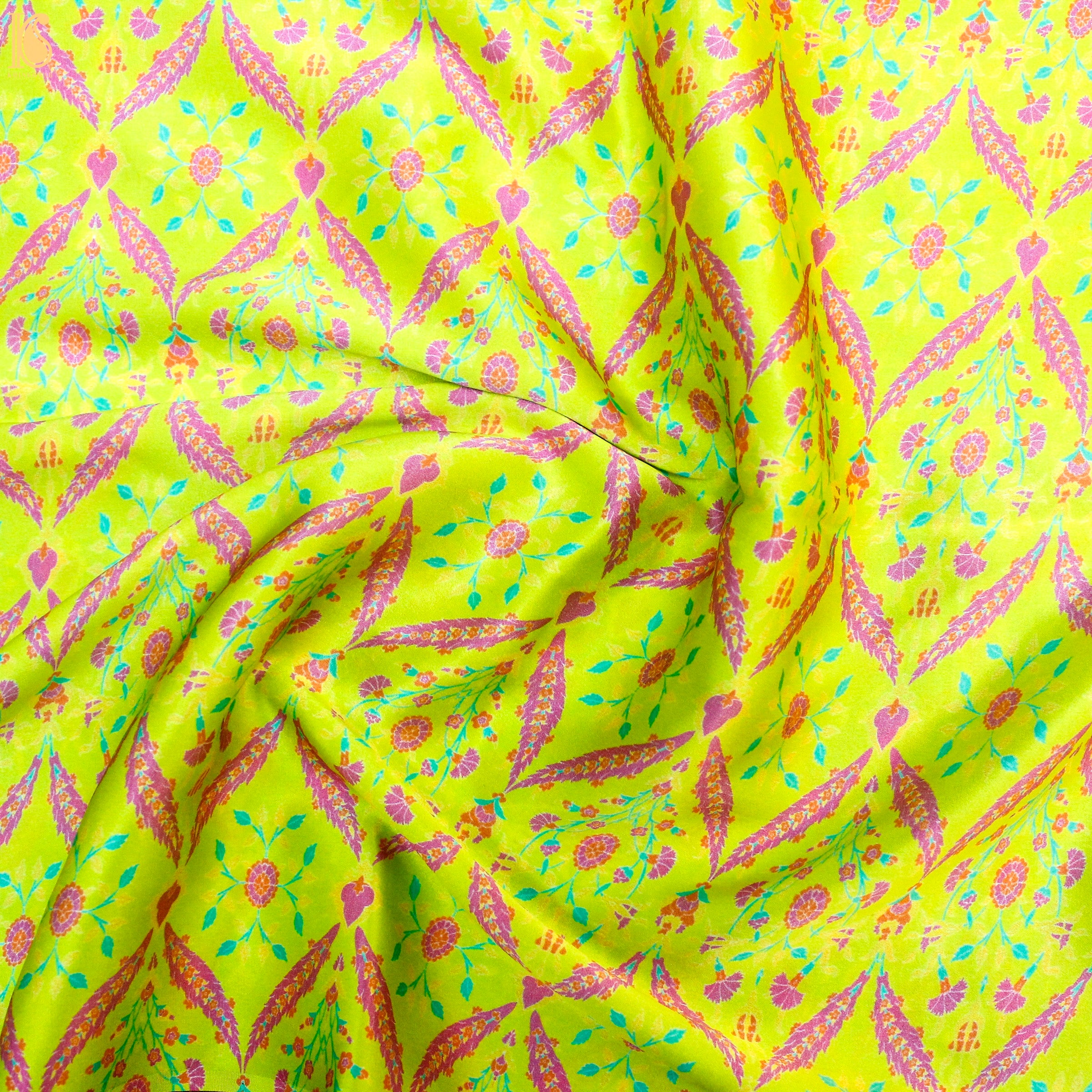 NERGİS - Milan Yellow Pure Sateen Silk Print Fabric - Khinkhwab