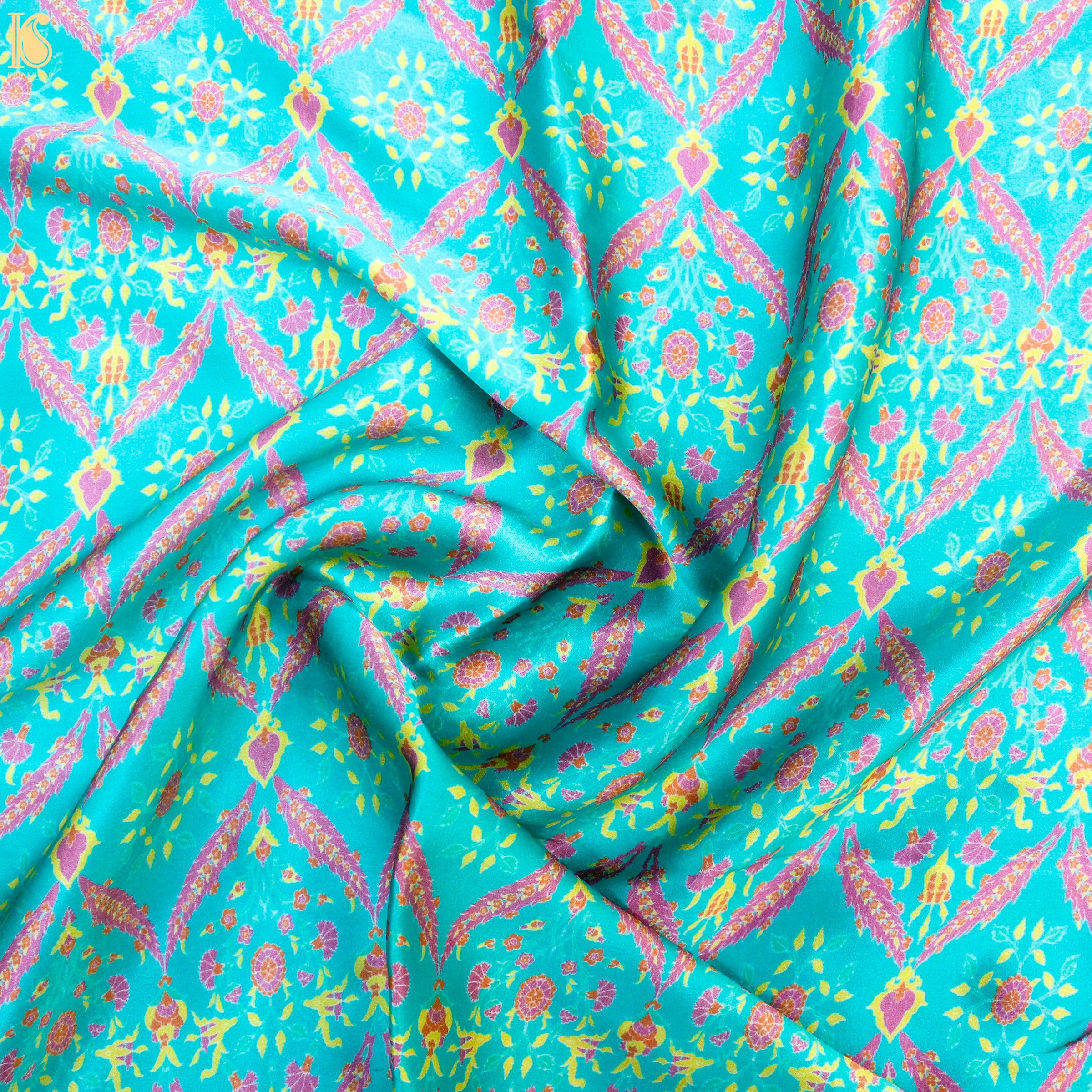 NERGİS - Turquoise Pure Sateen Silk Print Fabric - Khinkhwab