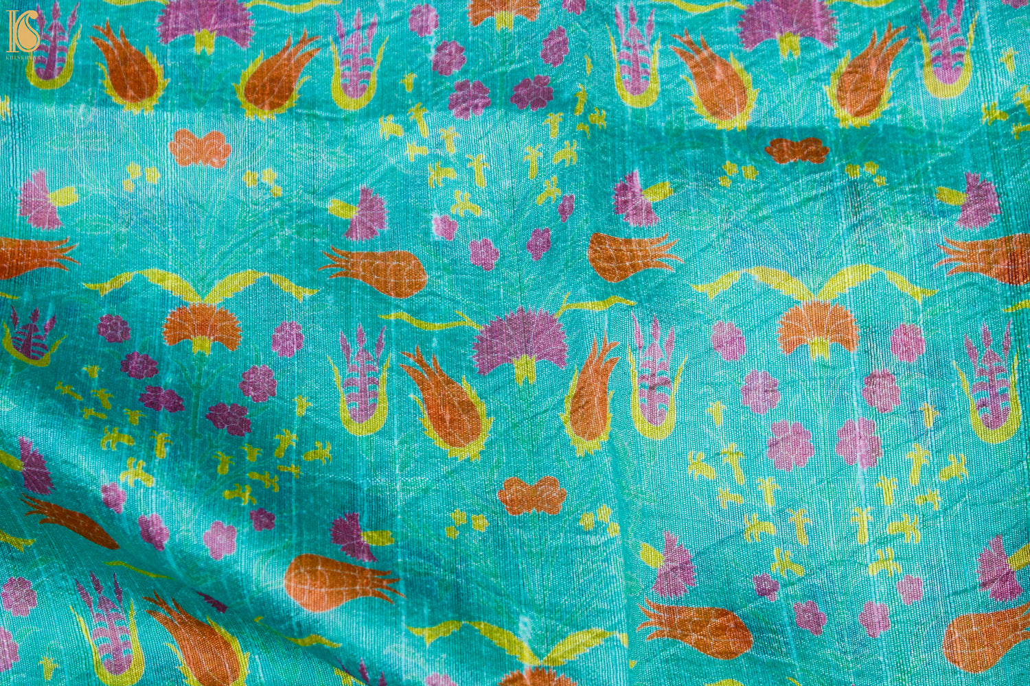 Lale- Turquoise Pure Raw Silk Print Fabric - Khinkhwab