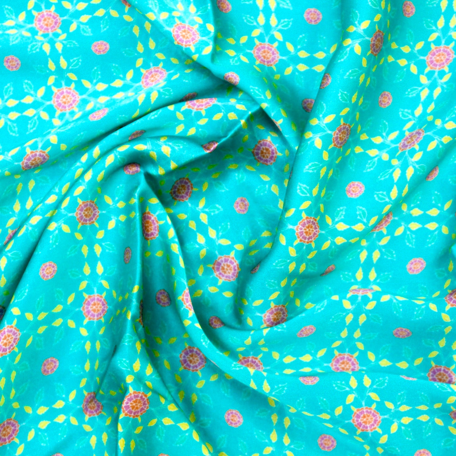 KARANFİL - Turquoise Pure Sateen Silk Print Fabric - Khinkhwab