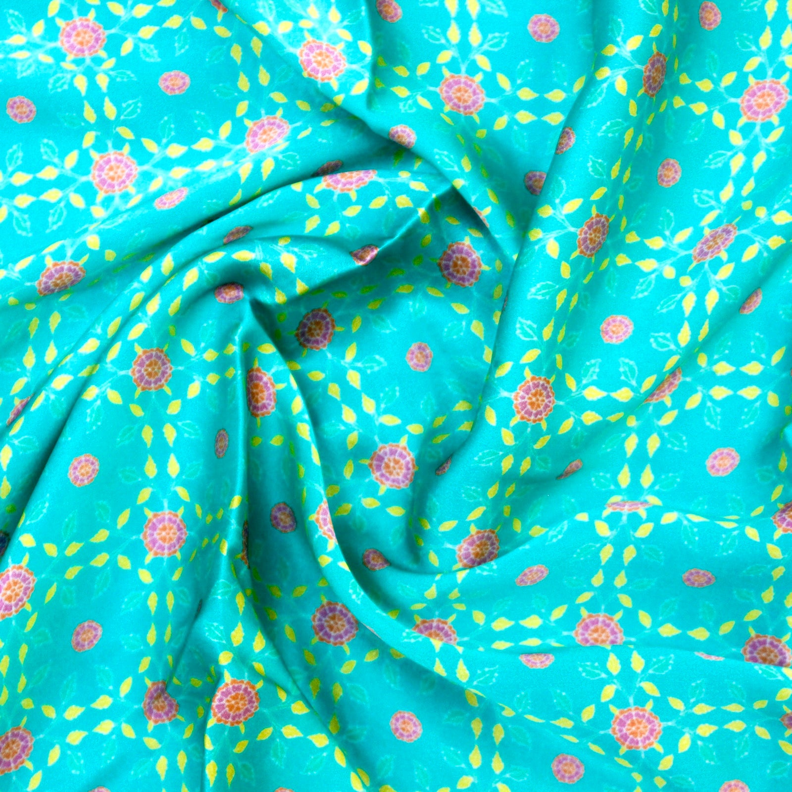 KARANFİL - Turquoise Pure Sateen Silk Print Fabric - Khinkhwab