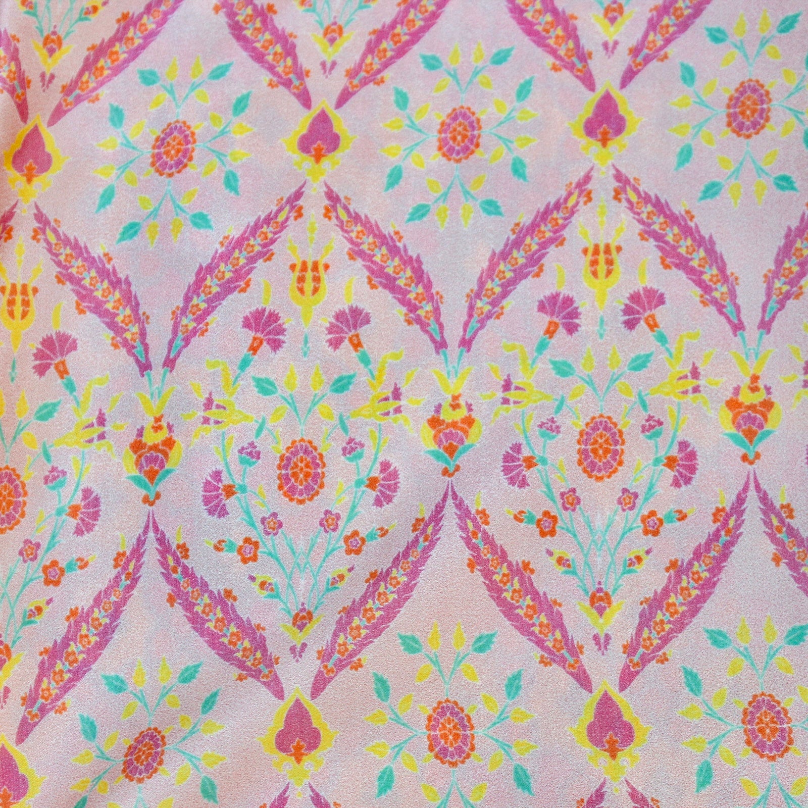 NERGİS - Carousel Pink Pure Sateen Silk Print Fabric - Khinkhwab