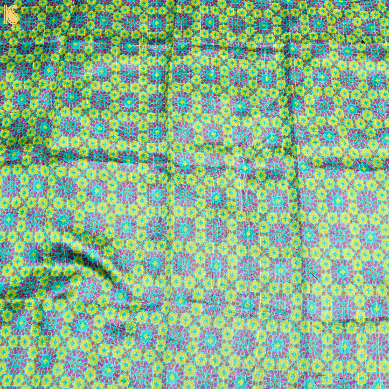 NİLÜFER - Yellow & Turquoise Pure Raw Silk Print Fabric - Khinkhwab