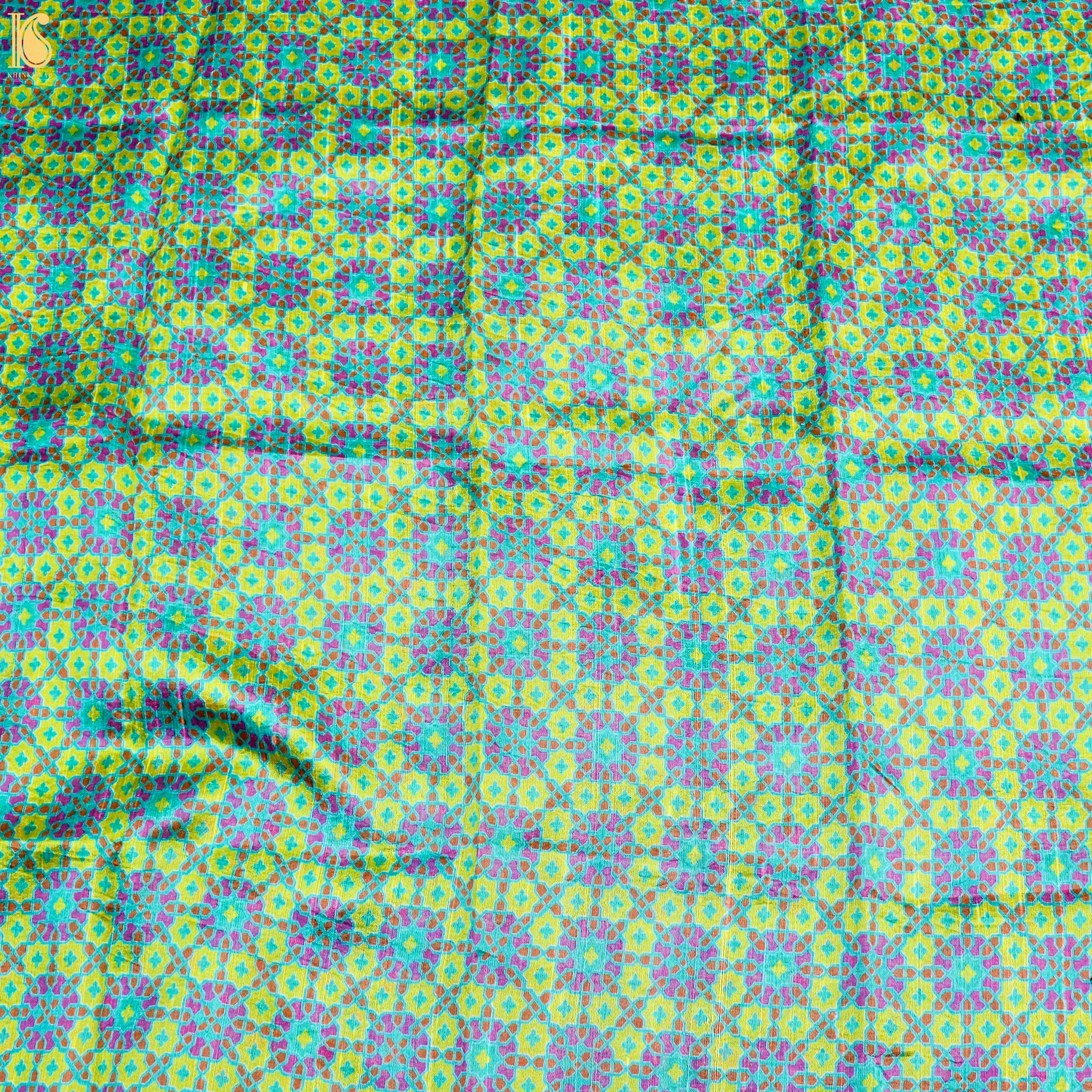 NİLÜFER - Yellow & Turquoise Pure Raw Silk Print Fabric - Khinkhwab