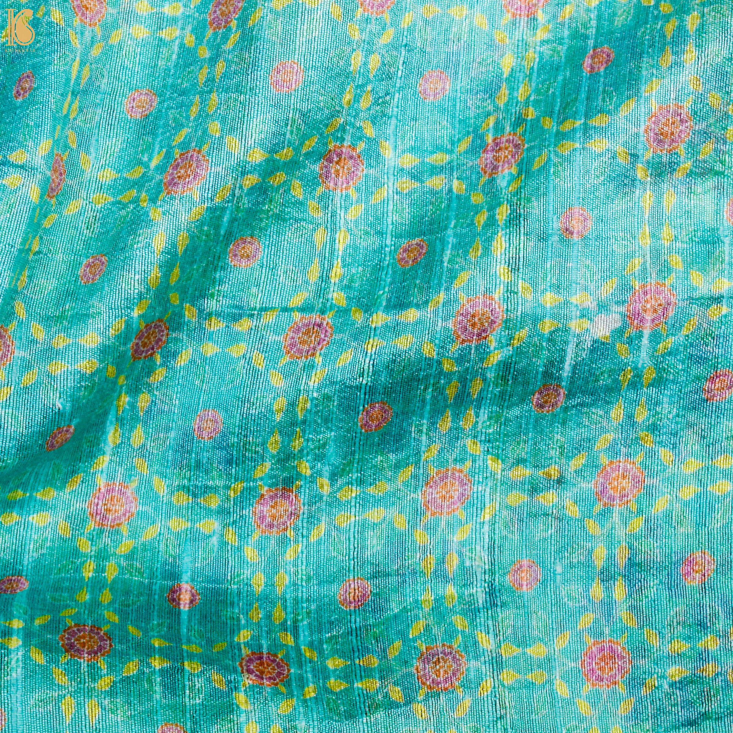 KARANFİL - Turquoise Pure Raw Silk Print Fabric - Khinkhwab